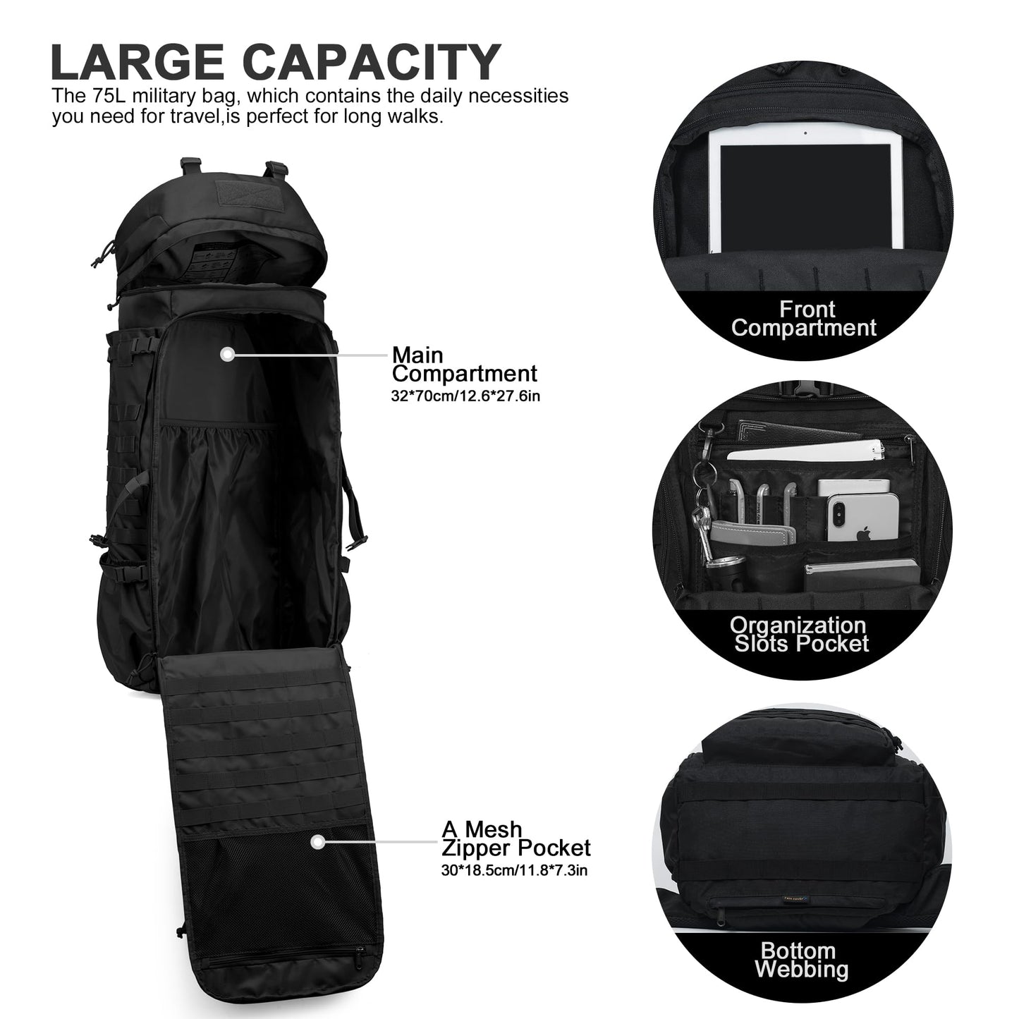 ELB Marder Mardingtop 75L Rucksack Taktischer Rucksack Wanderrucksack Trekkingrucksack YKK Zipper mit der großen Kapazität