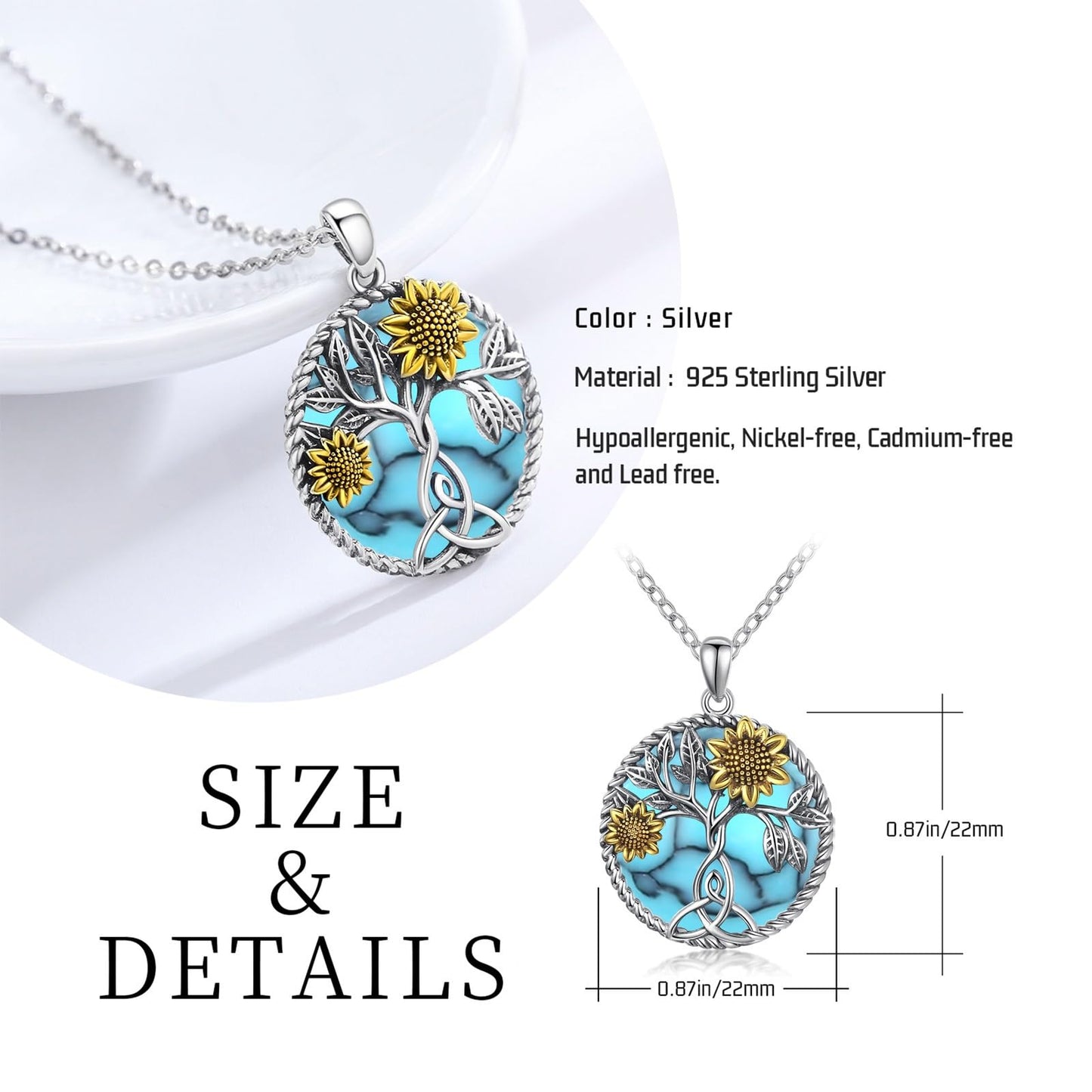 Ederseensucht-Sonnenblumen-Halskette, 925er Sterlingsilber, Gänseblümchen/Rose/Mondstein, Sonnenblumen-Baum des Lebens-Anhänger-Halskette, Sonnenblumen-Schmuck, Geschenke für Frauen, Mädchen, Mütter