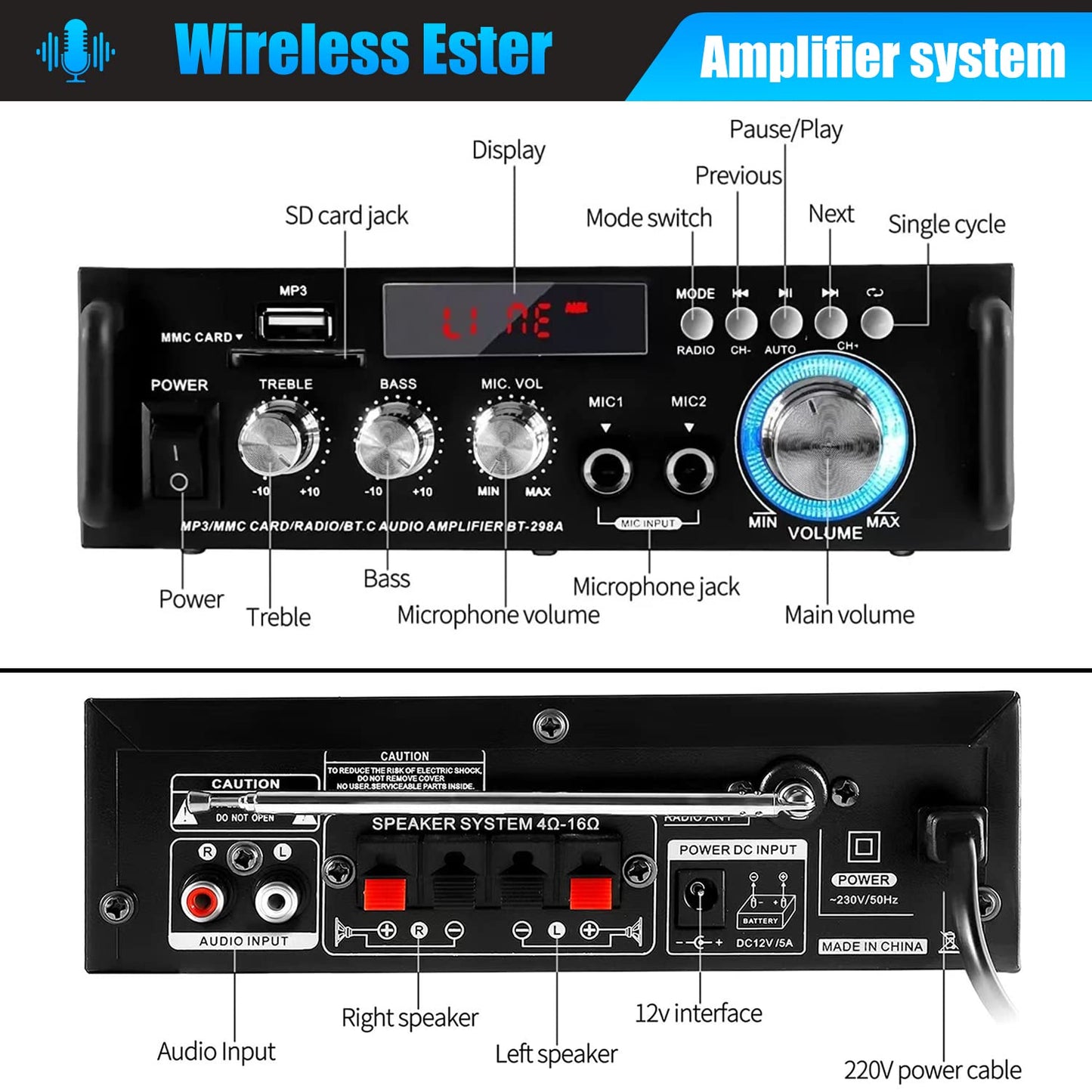 Etlephe Mini Verstärker,HIFI Verstärker,Bluetooth 5.0-Stereo Audio,12 V 220 V 600 W, 2 Kanäle, LCD-Display, High Fidelity, tragbares UKW-Radio, SD/USB-Karteneingang, für Zuhause oder Auto