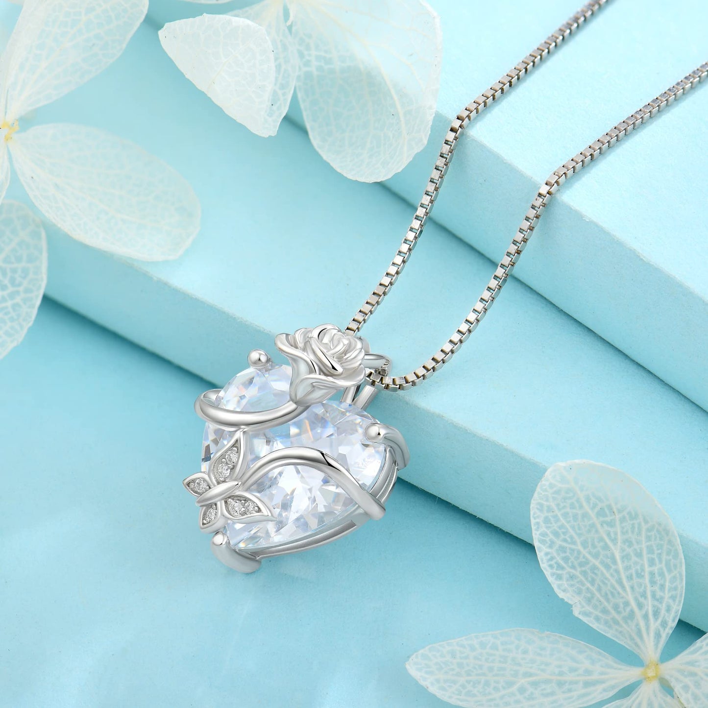 FJ Herz Geburtsstein Kette Damen 925 Sterling Silber Schmetterling Kette Anhänger mit Rose Blume Schmuck Geschenke für Frauen Mutter Freundin Mama