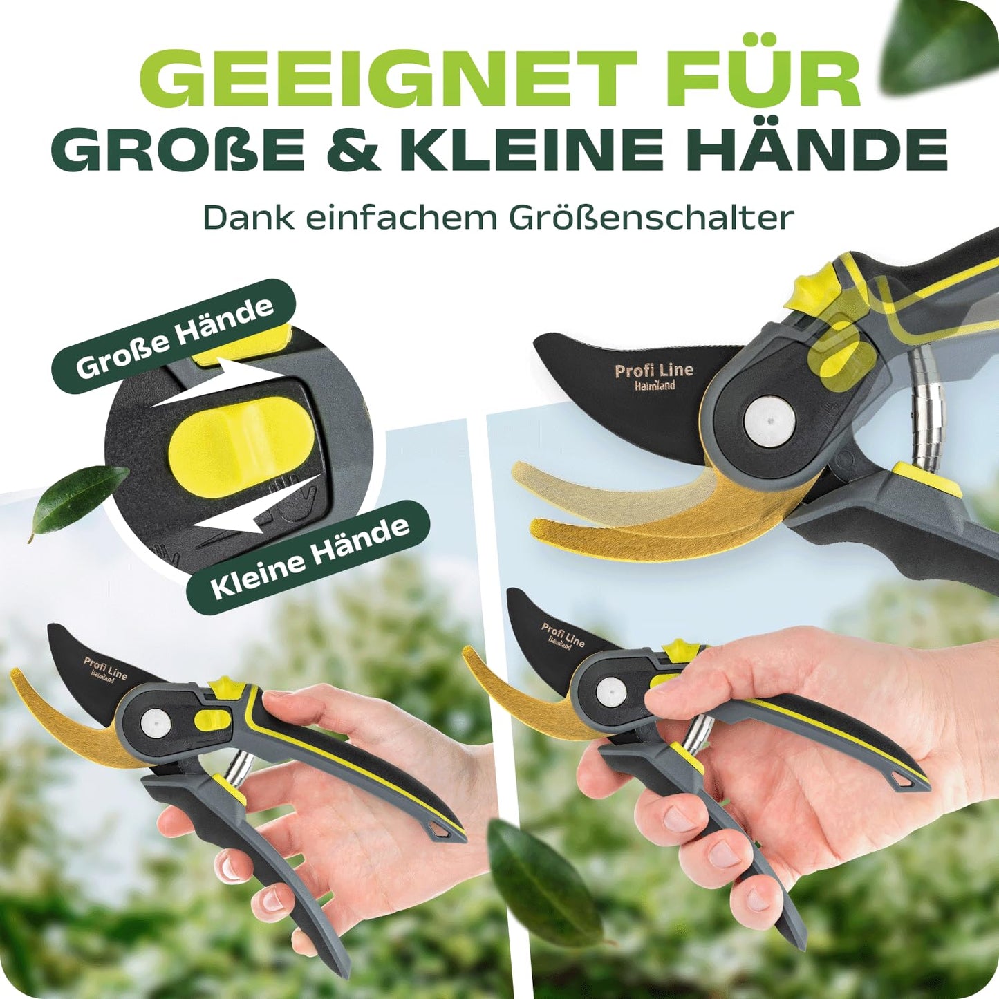 ELB halmland® Premium Gartenschere mit scharfer SK5 Stahlklinge | Astschere, Pflanzenschere | schneidet Äste bis 20mm Durchmesser | Teflon-Antihaftbeschichtung | für große & kleine Hände | Grün