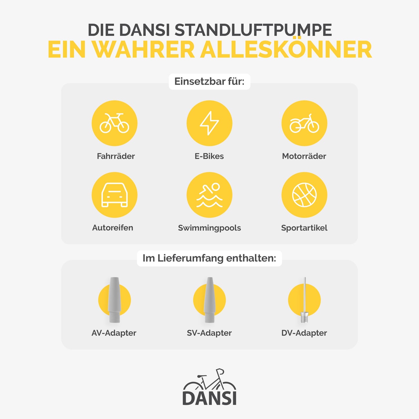 DANSI Standluftpumpe, Verschiedene Modelle, mit Adaptern, passend für alle gängigen Ventile, mit Manometer