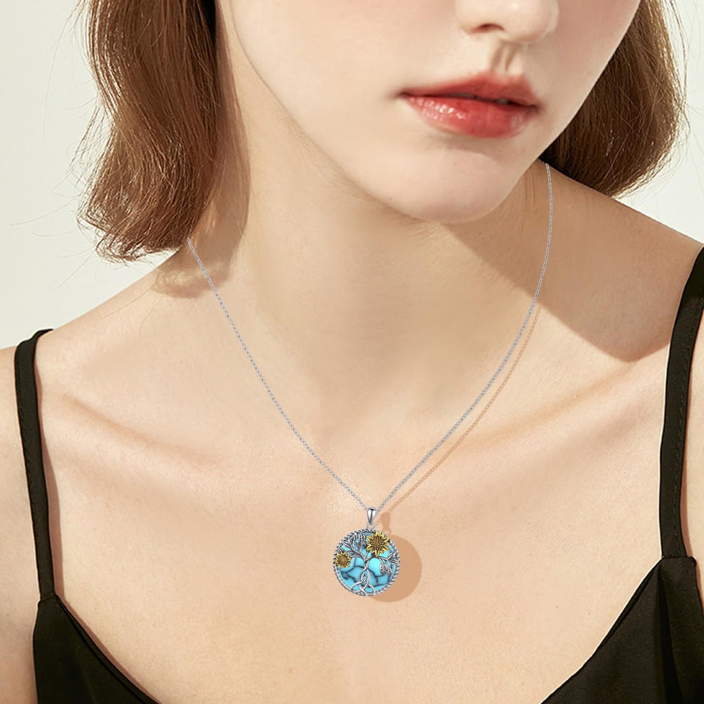 Ederseensucht-Sonnenblumen-Halskette, 925er Sterlingsilber, Gänseblümchen/Rose/Mondstein, Sonnenblumen-Baum des Lebens-Anhänger-Halskette, Sonnenblumen-Schmuck, Geschenke für Frauen, Mädchen, Mütter