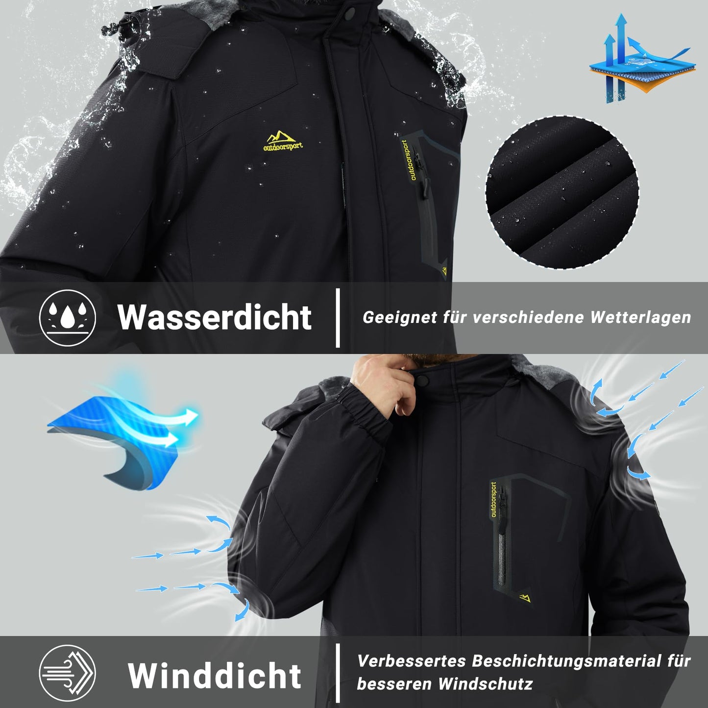 KEFITEVD Herren Skijacke Atmungsaktiv Warm Gefüttert Winterjacke mit Abnehmbarer Kapuze Snowboardjacke Wasserdicht Outdoorjacke