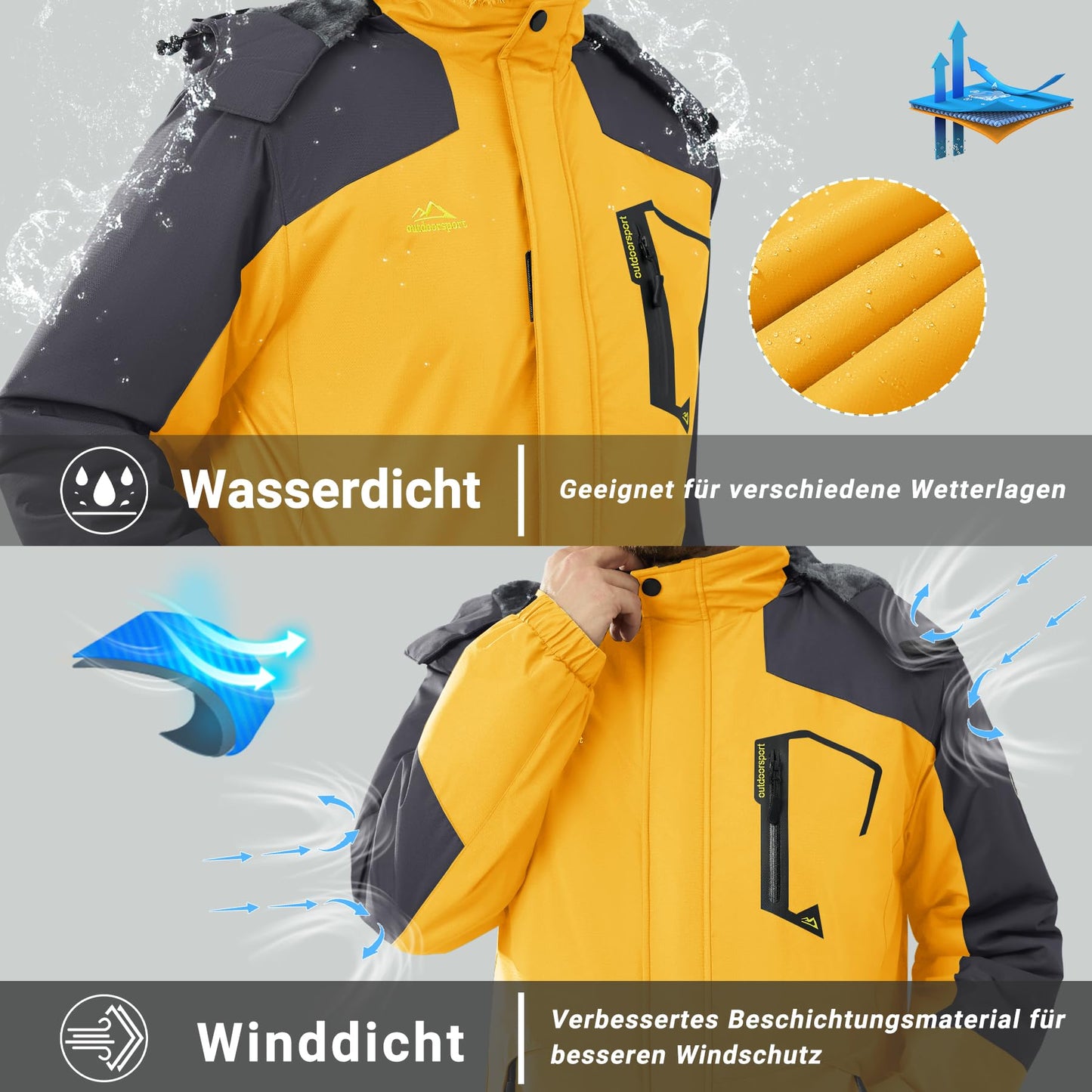 KEFITEVD Herren Skijacke Atmungsaktiv Warm Gefüttert Winterjacke mit Abnehmbarer Kapuze Snowboardjacke Wasserdicht Outdoorjacke