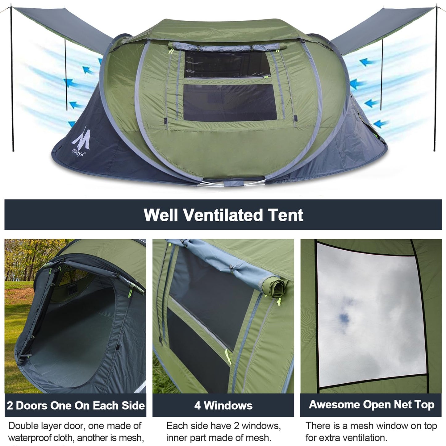 Zelt 3-4 Personen Pop Up Wurfzelt mit Große Dachfenster, Strandmuschel Automatik 4 Mann Zelte Wasserdicht Strandzelt Festivalzelt Schnellaufbauzelt für Outdoor Camping Picknick Wandern