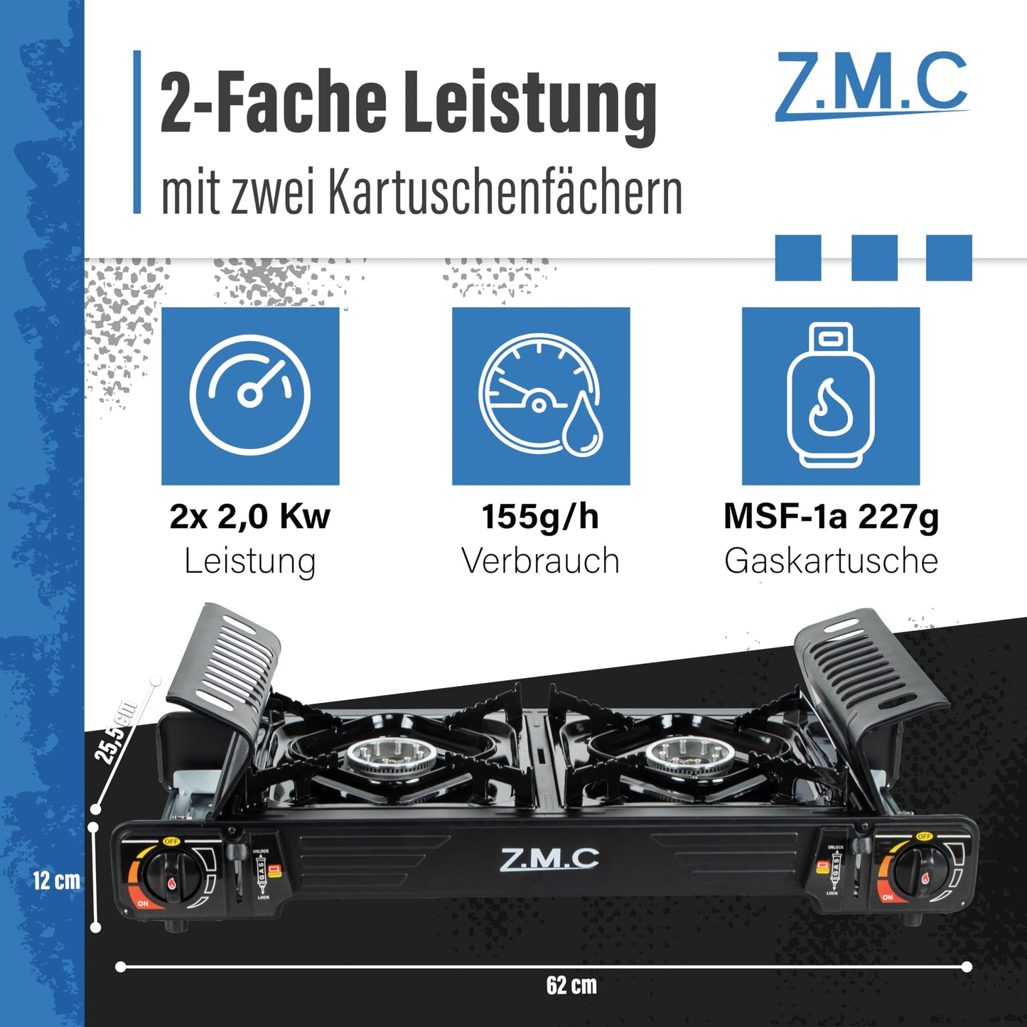 Z.M.C PREMIUM Camping Gaskocher 2-flammig + Grillplatte 45x24 cm + 8 Gaskartuschen 227g, Campingkocher mit Zündsicherung für Outdoor und Innenraum, Balkon Doppelgaskocher mit Piezozündung