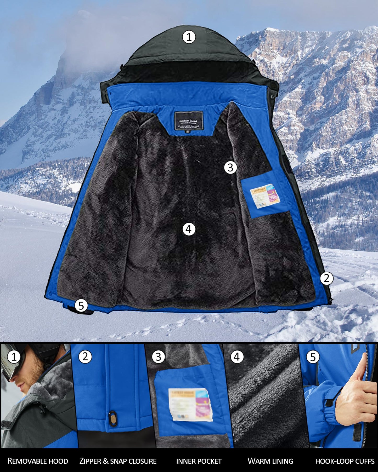 KEFITEVD Snowboardjacke Herren Warm Gefüttert Skijacke Wasserdicht Softshell Jacke mit Kapuze Fleece Winterjacke Atmungsaktiv Funktionsjacke