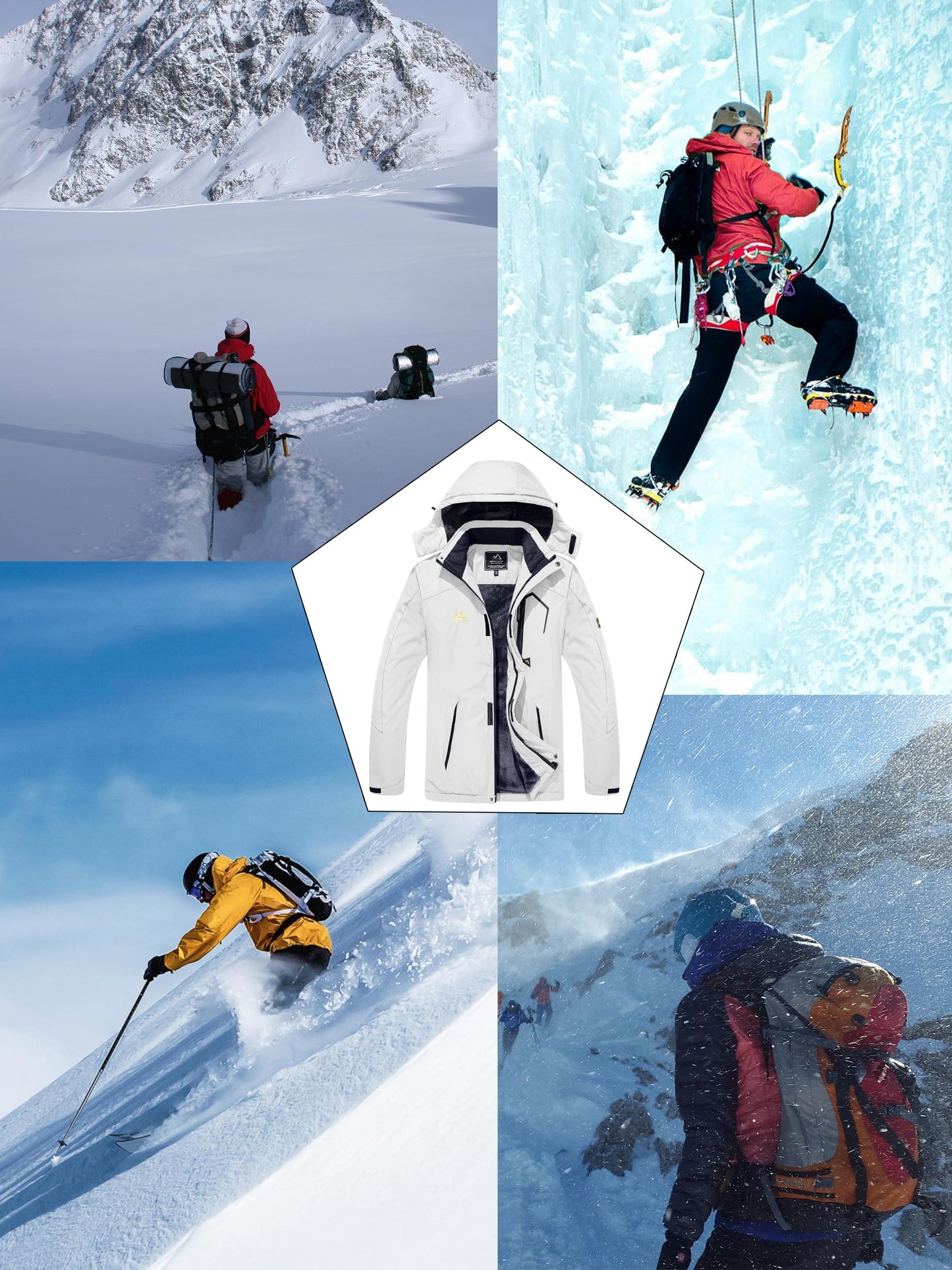 KEFITEVD Herren Skijacke Atmungsaktiv Warm Gefüttert Winterjacke mit Abnehmbarer Kapuze Snowboardjacke Wasserdicht Outdoorjacke