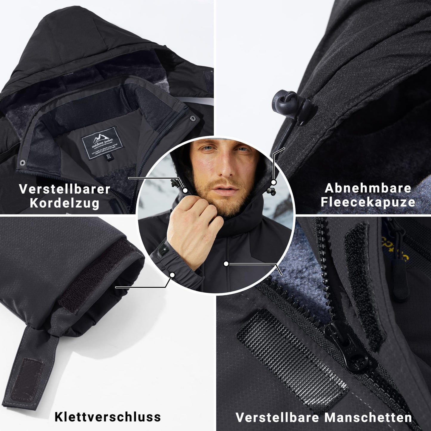 KEFITEVD Herren Skijacke Atmungsaktiv Warm Gefüttert Winterjacke mit Abnehmbarer Kapuze Snowboardjacke Wasserdicht Outdoorjacke