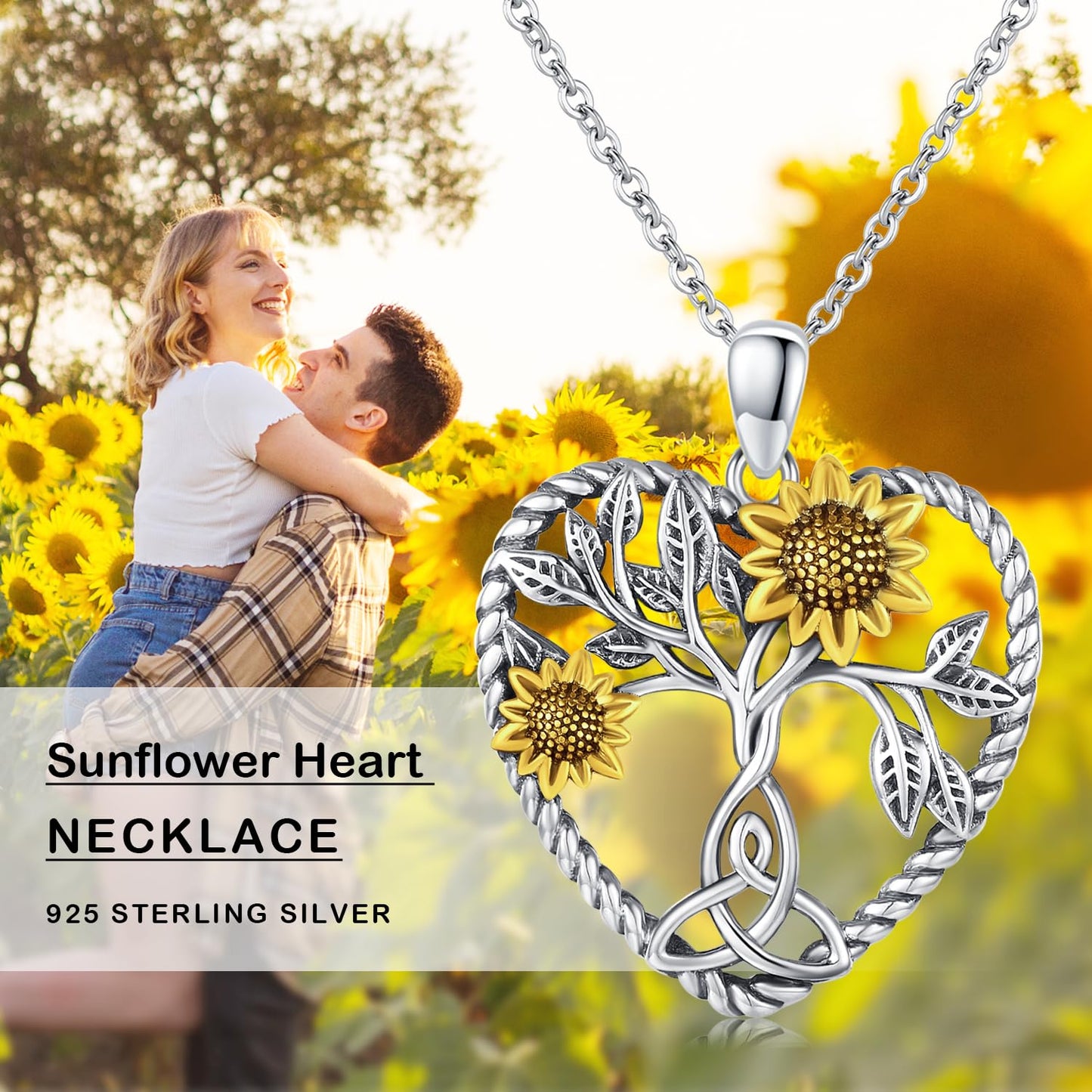 Ederseensucht-Sonnenblumen-Halskette, 925er Sterlingsilber, Gänseblümchen/Rose/Mondstein, Sonnenblumen-Baum des Lebens-Anhänger-Halskette, Sonnenblumen-Schmuck, Geschenke für Frauen, Mädchen, Mütter