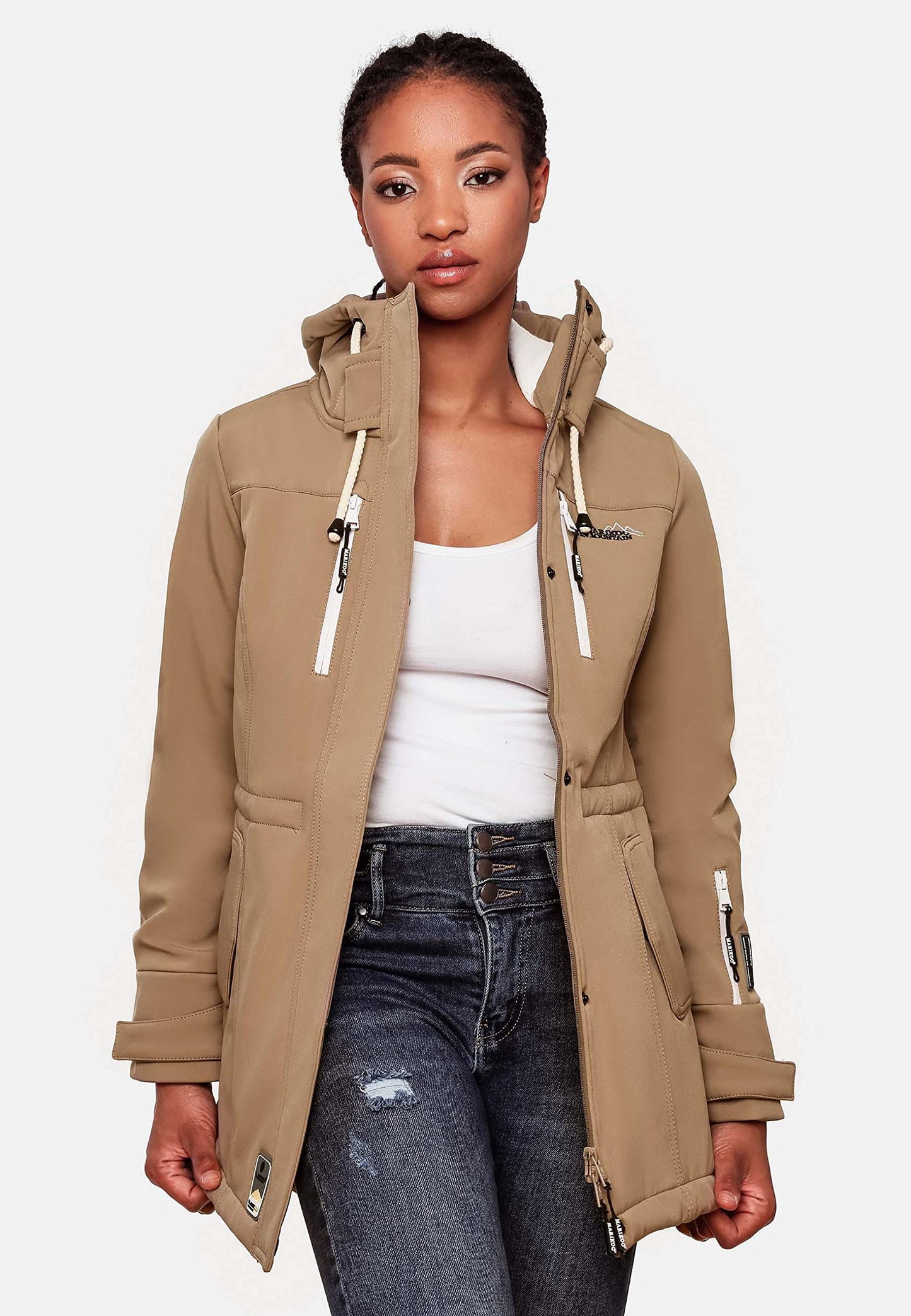 MARIKOO Damen Übergangsjacke Softshellmantel wasserdicht atmungsaktiv mit Kapuze Zimtzicke XS-3XL