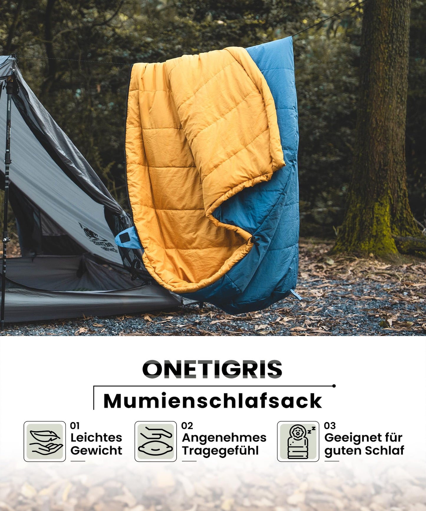 OneTigris Schlafsack Outdoor kleines Packmaß 3 Jahreszeiten 8 °C -15 °C Mumienschlafsack Ultraleicht kompakt für Camping, Reisen, Wandern