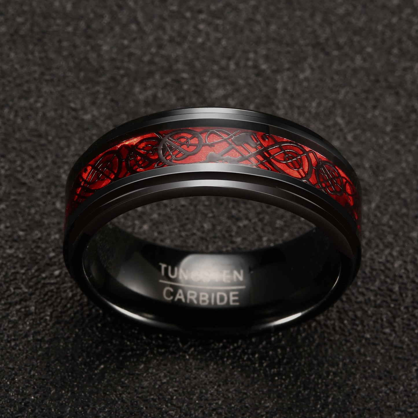 NUNCAD Schwarz Ring Wolfram Partner Ring Herren Damen 8mm Keltische Drachen Ring mit Kohlefasern Blau/Grün/Rot/Rosegold Größe 49.3-72(15.7-22.9)