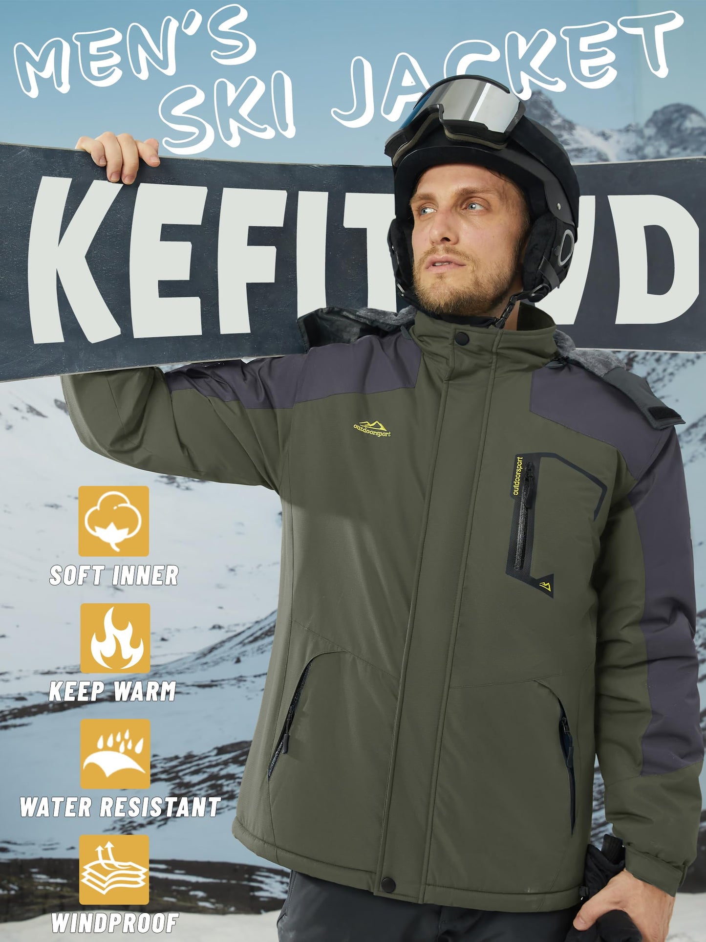 KEFITEVD Herren Skijacke Atmungsaktiv Warm Gefüttert Winterjacke mit Abnehmbarer Kapuze Snowboardjacke Wasserdicht Outdoorjacke