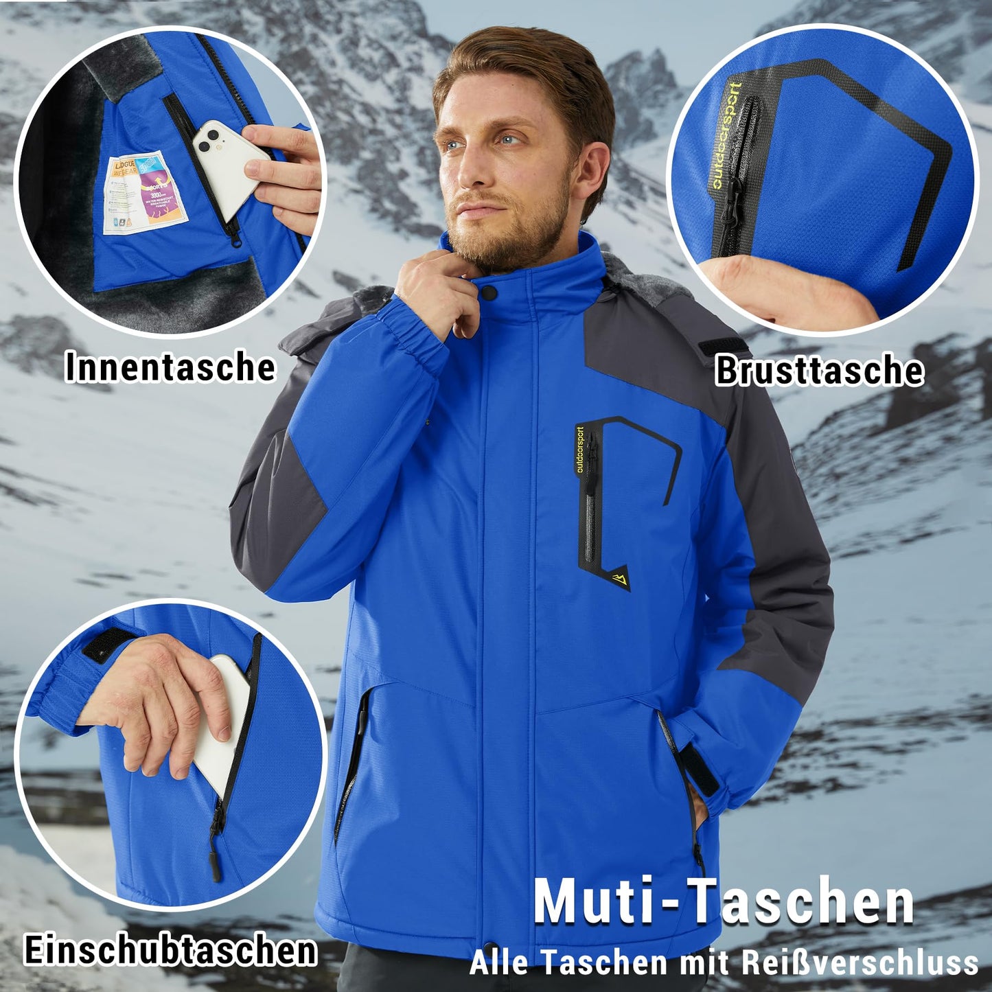 KEFITEVD Herren Skijacke Atmungsaktiv Warm Gefüttert Winterjacke mit Abnehmbarer Kapuze Snowboardjacke Wasserdicht Outdoorjacke