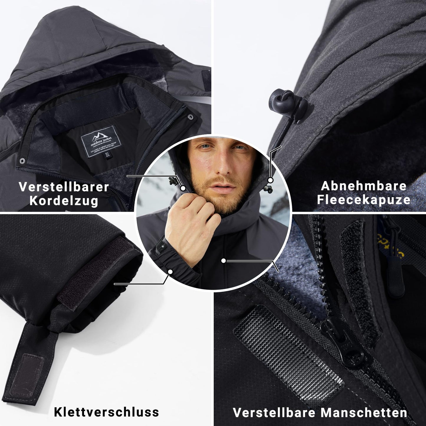 KEFITEVD Herren Skijacke Atmungsaktiv Warm Gefüttert Winterjacke mit Abnehmbarer Kapuze Snowboardjacke Wasserdicht Outdoorjacke