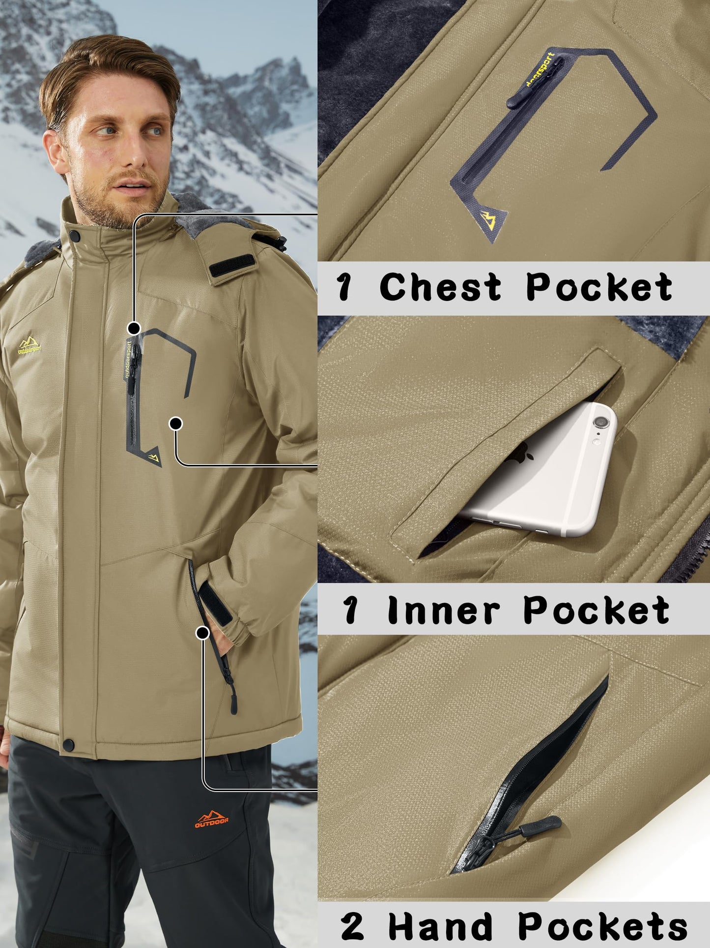 KEFITEVD Herren Skijacke Atmungsaktiv Warm Gefüttert Winterjacke mit Abnehmbarer Kapuze Snowboardjacke Wasserdicht Outdoorjacke