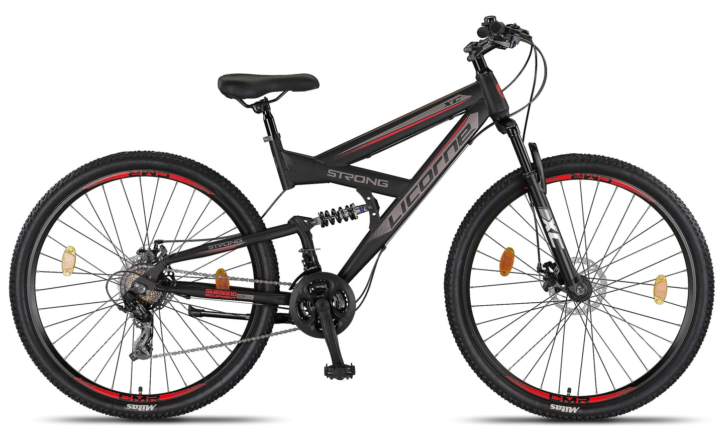 ELB daily Licorne Bike Strong 2D Premium Mountainbike in 26, 27.5 und 29 Zoll Fahrrad für Jungen Mädchen Damen und Herren Scheibenbremse vorne und hinten 21 Gang Schaltung Vollfederung