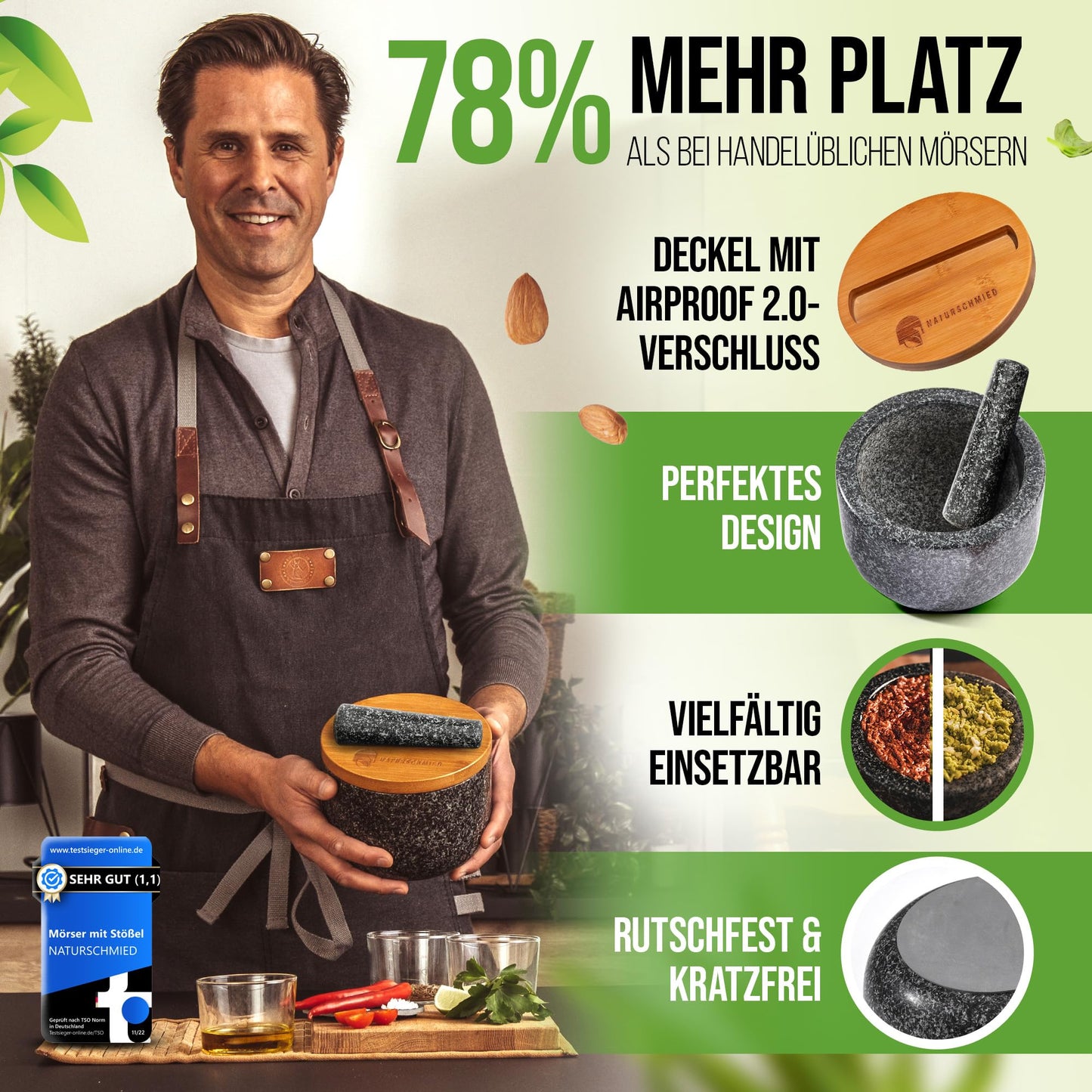 NATURSCHMIED Mörser mit Stößel & Deckel - AirProof 2.0 Verschluss + SolidStand Pad | 750 ml - Hellgrauer Premium Granit Mörser - Gewürze und Kräuter mörsern - ohne Abrieb