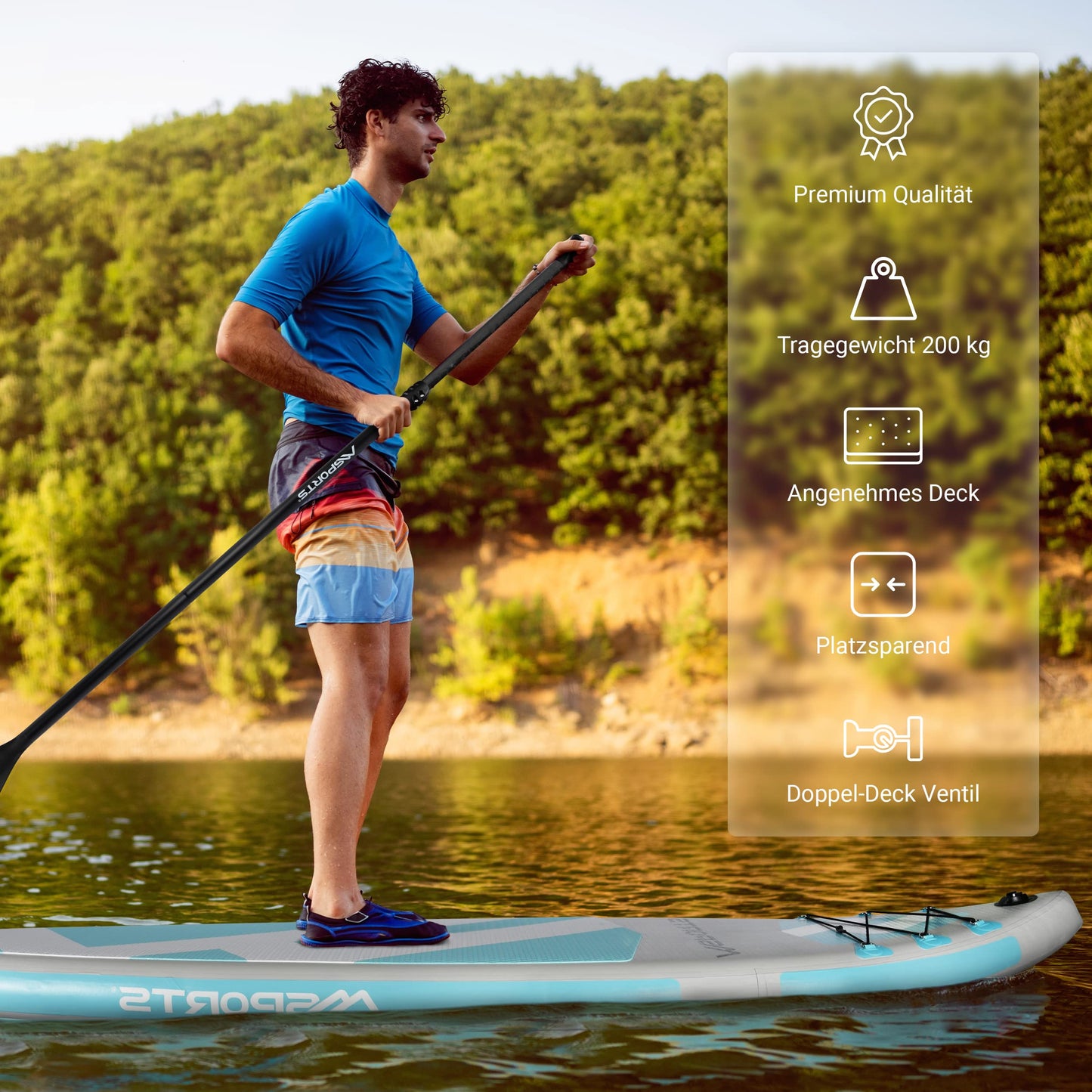 MSPORTS Stand Up Paddle Board Aufblasbar Komplettes Paddleboard Zubehör Verstellbares Paddel, hochwertige Pumpe + 2X Paddelstock + wasserdichte Smartphone Tasche + Multifunktionstasche