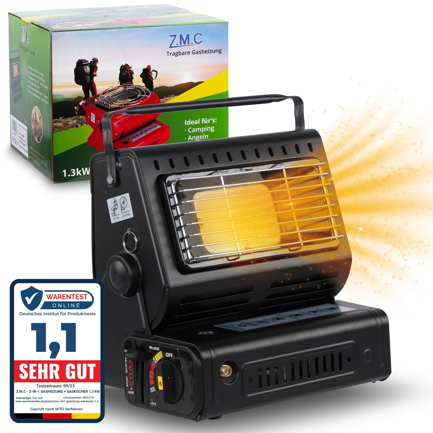 Z.M.C 2-in-1 Tragbare Keramik Gasheizung und Gaskocher 1,3 kW, mit LPG Anschluss + 4 Gaskartuschen, Campingkocher mit Piezozündung, Camping Heizung, Gasheizer für Indoor, Outdoor, Zelten Wohnwagen