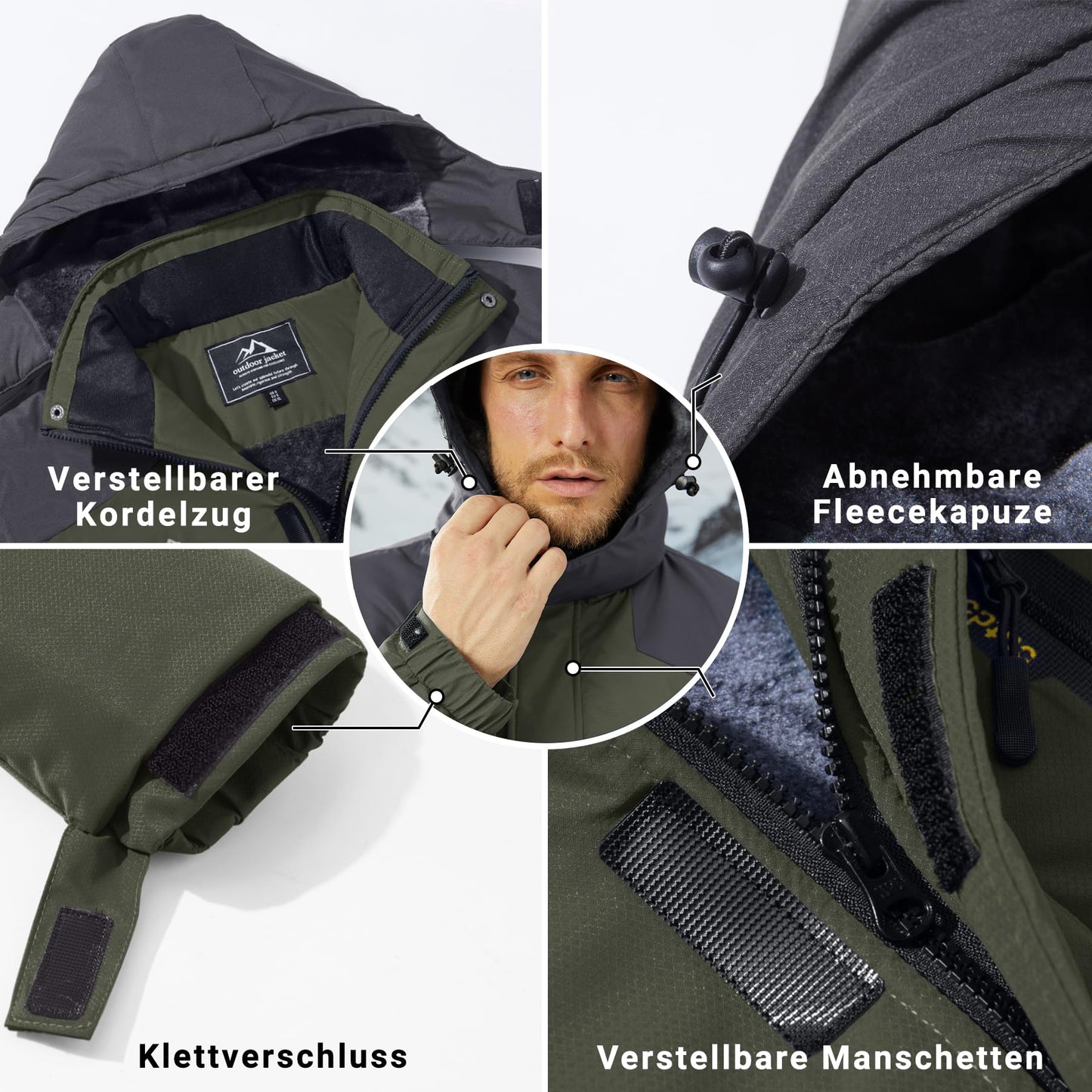 KEFITEVD Herren Skijacke Atmungsaktiv Warm Gefüttert Winterjacke mit Abnehmbarer Kapuze Snowboardjacke Wasserdicht Outdoorjacke