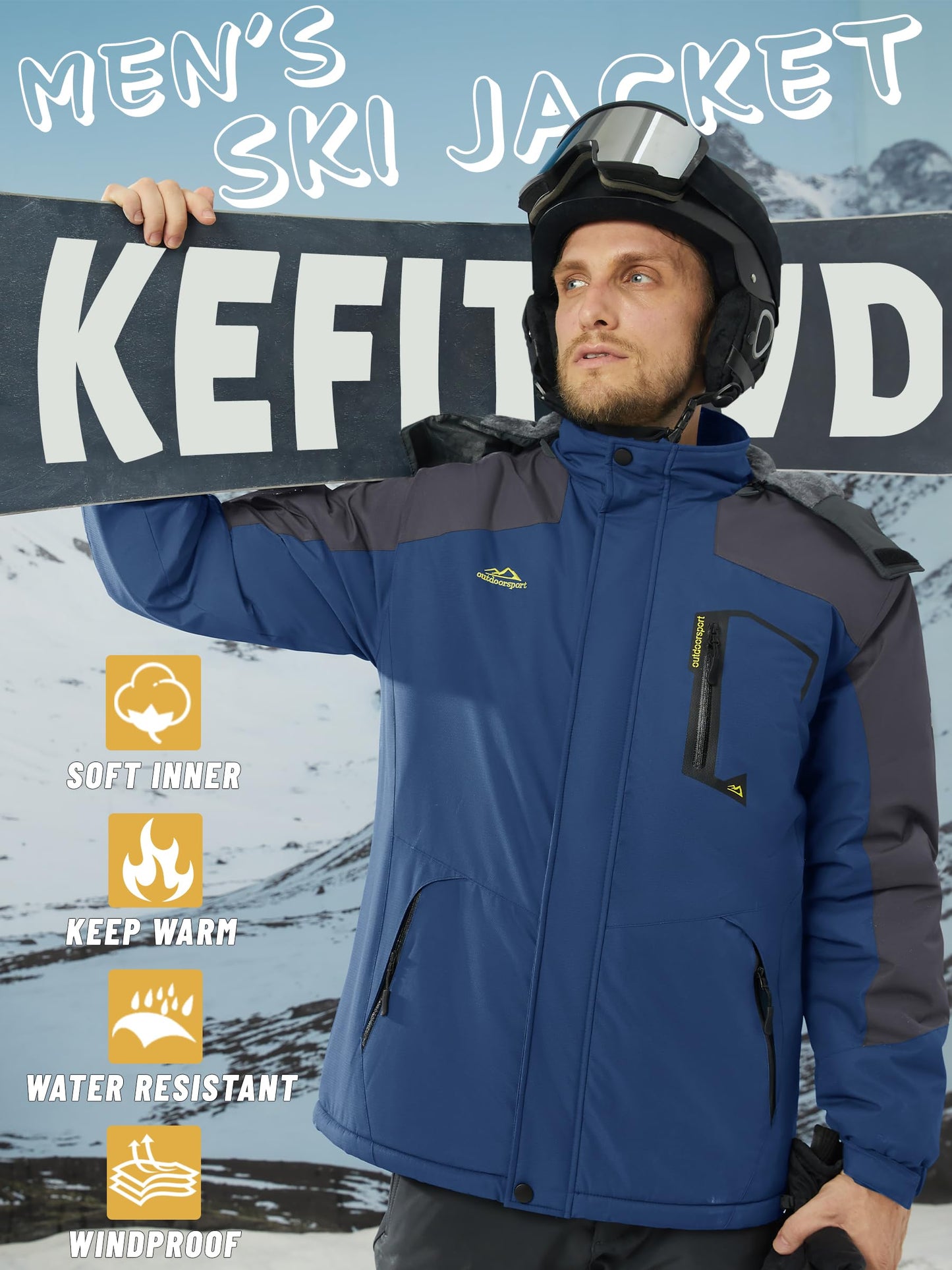 KEFITEVD Herren Skijacke Atmungsaktiv Warm Gefüttert Winterjacke mit Abnehmbarer Kapuze Snowboardjacke Wasserdicht Outdoorjacke