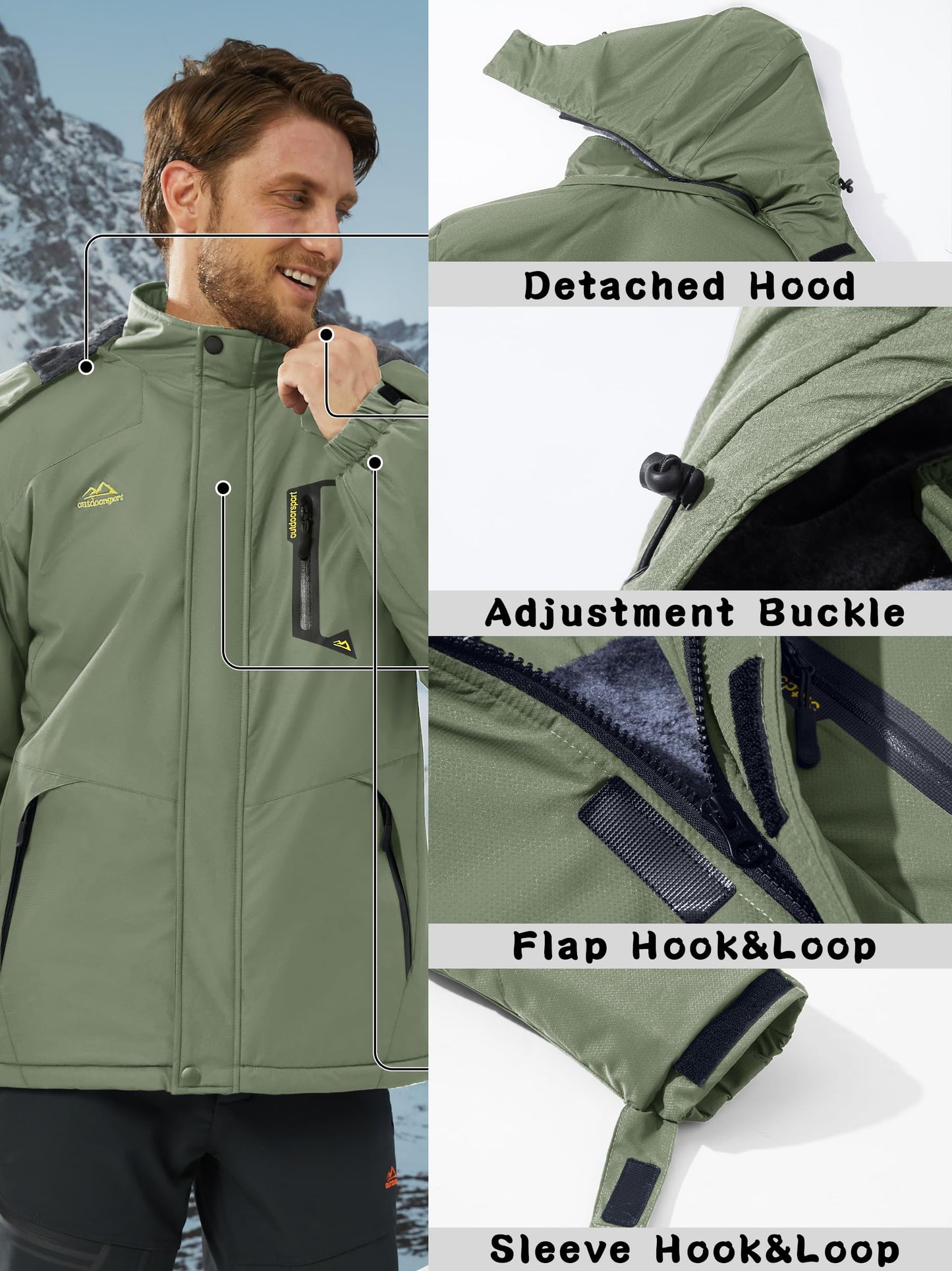 KEFITEVD Herren Skijacke Atmungsaktiv Warm Gefüttert Winterjacke mit Abnehmbarer Kapuze Snowboardjacke Wasserdicht Outdoorjacke