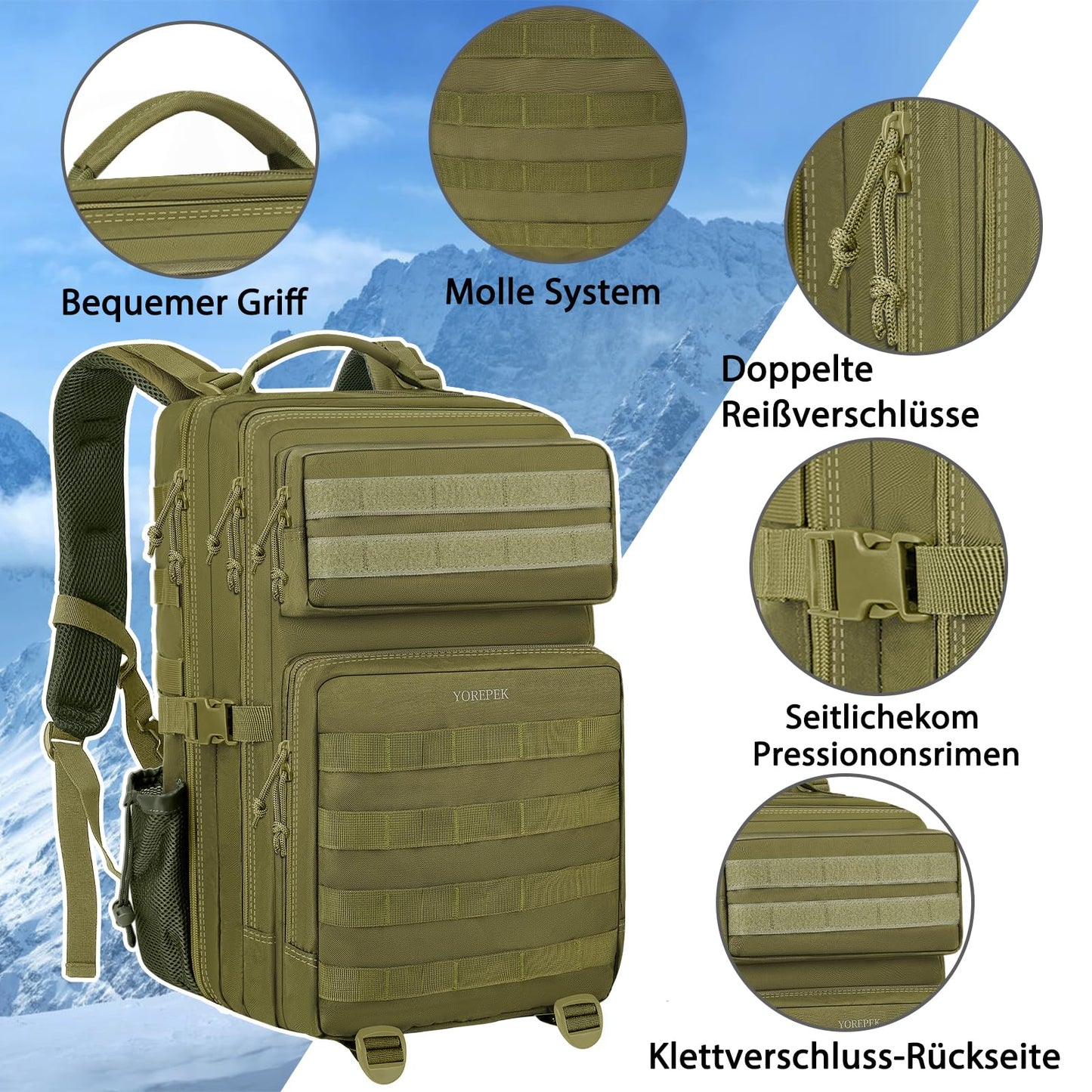 1.ELB Adventure YOREPEK Großer Militär Rucksack Herren, 40L Outdoor Armee Wasserdicht Taktischer Bundeswehr Rucksäcke Molle Assault Survival Tactical Travel Backpack für Camping Trekking Wandern Reise Arbeit, Schwarz