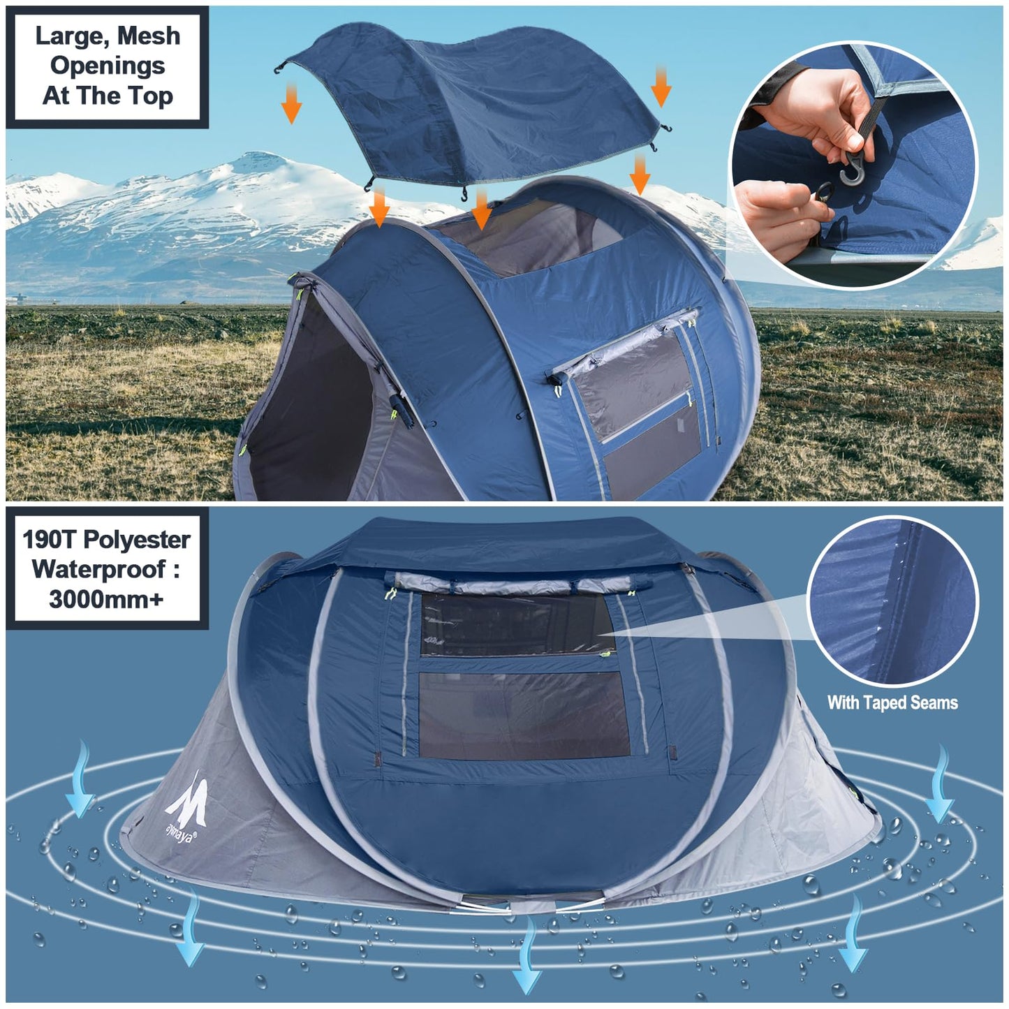 Zelt 3-4 Personen Pop Up Wurfzelt mit Große Dachfenster, Strandmuschel Automatik 4 Mann Zelte Wasserdicht Strandzelt Festivalzelt Schnellaufbauzelt für Outdoor Camping Picknick Wandern