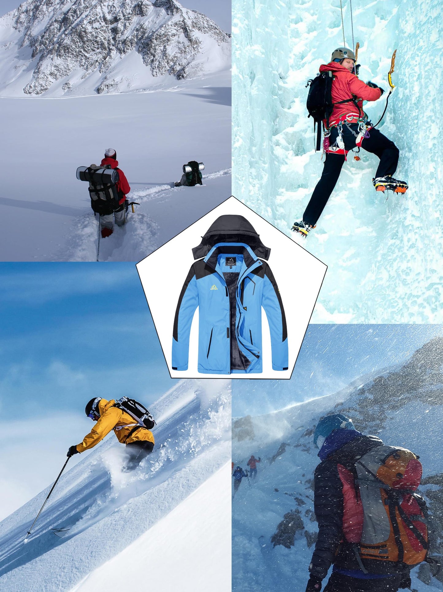 KEFITEVD Herren Skijacke Atmungsaktiv Warm Gefüttert Winterjacke mit Abnehmbarer Kapuze Snowboardjacke Wasserdicht Outdoorjacke