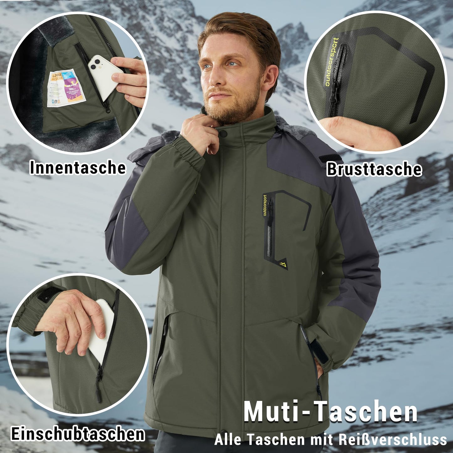 KEFITEVD Herren Skijacke Atmungsaktiv Warm Gefüttert Winterjacke mit Abnehmbarer Kapuze Snowboardjacke Wasserdicht Outdoorjacke