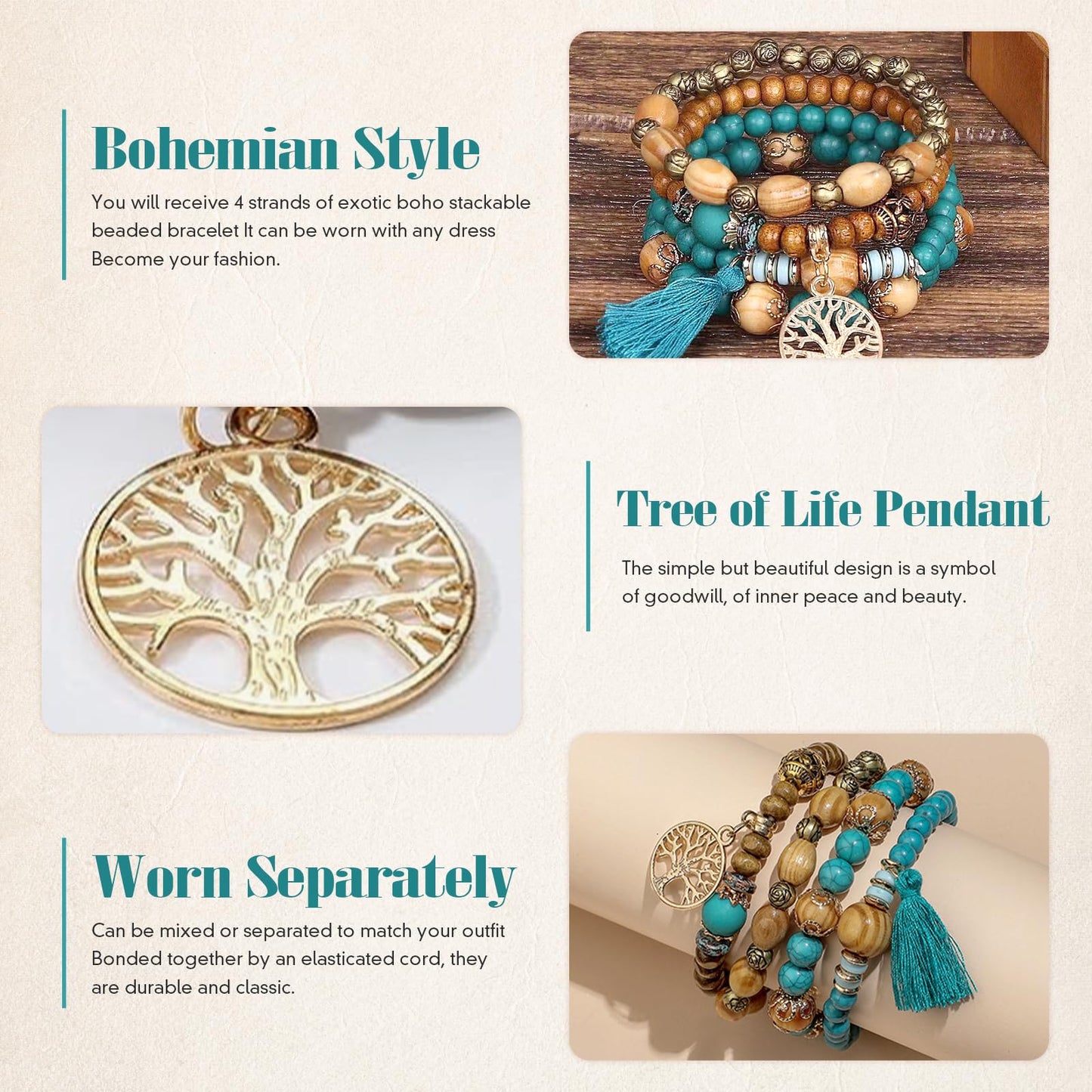 Sternstunde 4 Stück Boho Armbänder Damen, Chakra Armband für Frauen, Schmuck Boho Armreifen mit Holzperlen und Quaste, Chakra Armband, Lebensbaum-Charm, Liebe, Statement-Armreifen