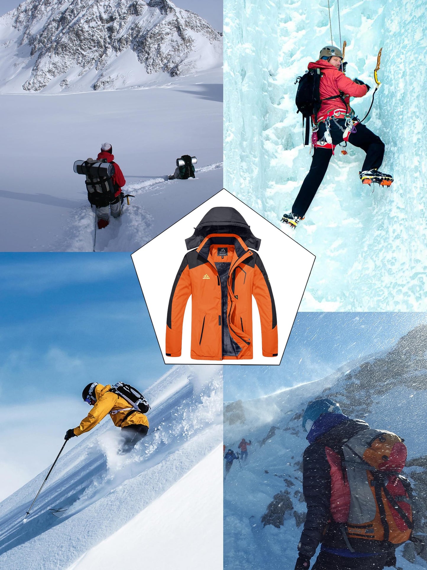 KEFITEVD Herren Skijacke Atmungsaktiv Warm Gefüttert Winterjacke mit Abnehmbarer Kapuze Snowboardjacke Wasserdicht Outdoorjacke