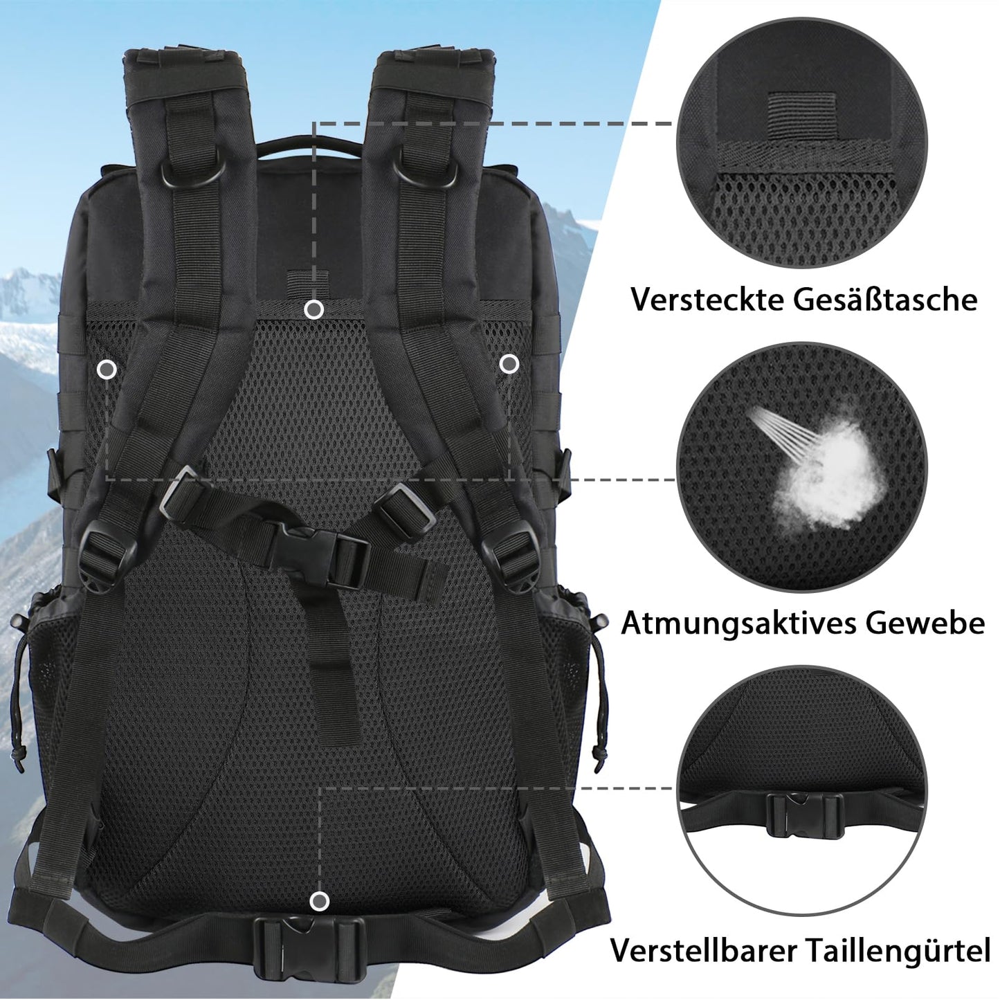 1.ELB Adventure YOREPEK Großer Militär Rucksack Herren, 40L Outdoor Armee Wasserdicht Taktischer Bundeswehr Rucksäcke Molle Assault Survival Tactical Travel Backpack für Camping Trekking Wandern Reise Arbeit, Schwarz