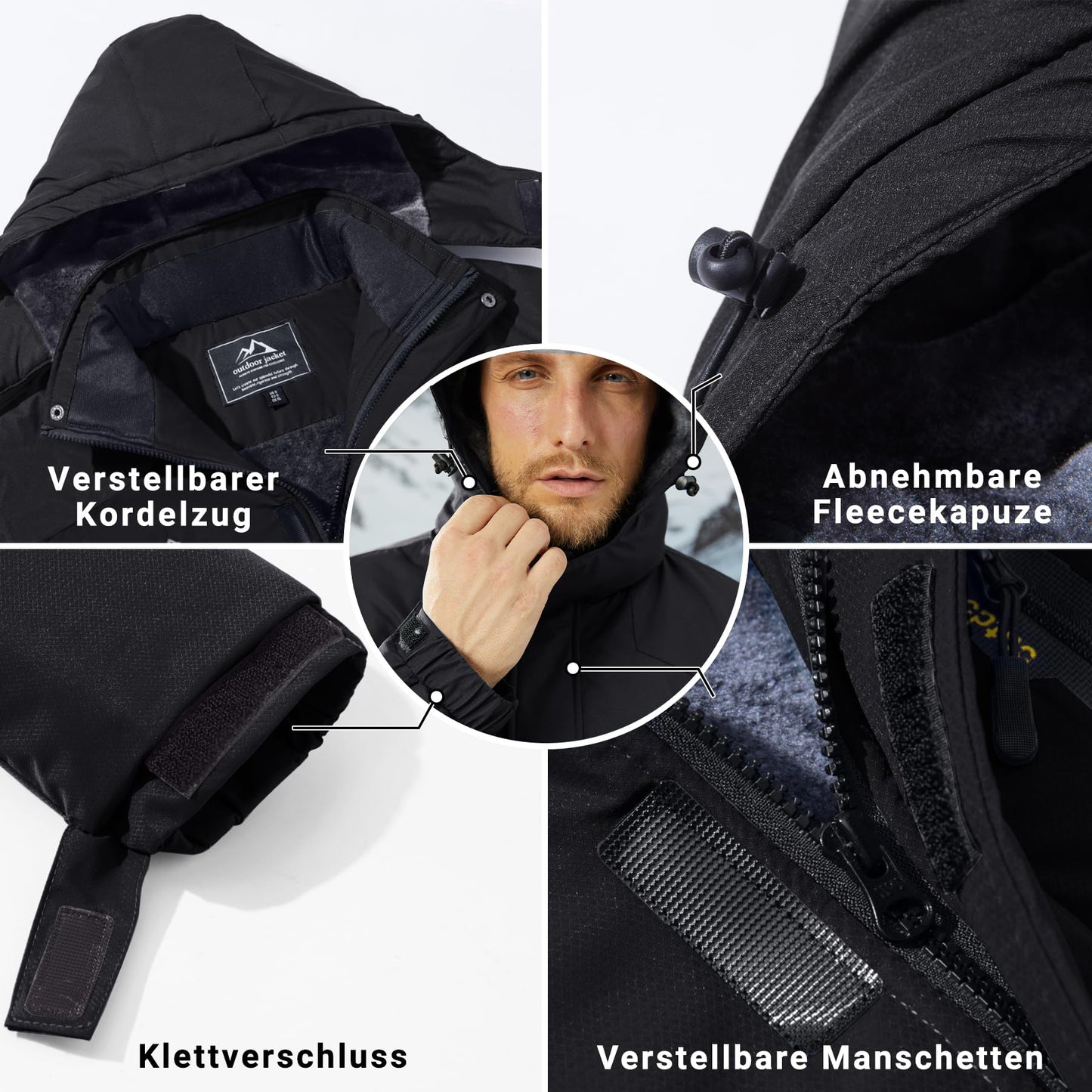 KEFITEVD Herren Skijacke Atmungsaktiv Warm Gefüttert Winterjacke mit Abnehmbarer Kapuze Snowboardjacke Wasserdicht Outdoorjacke