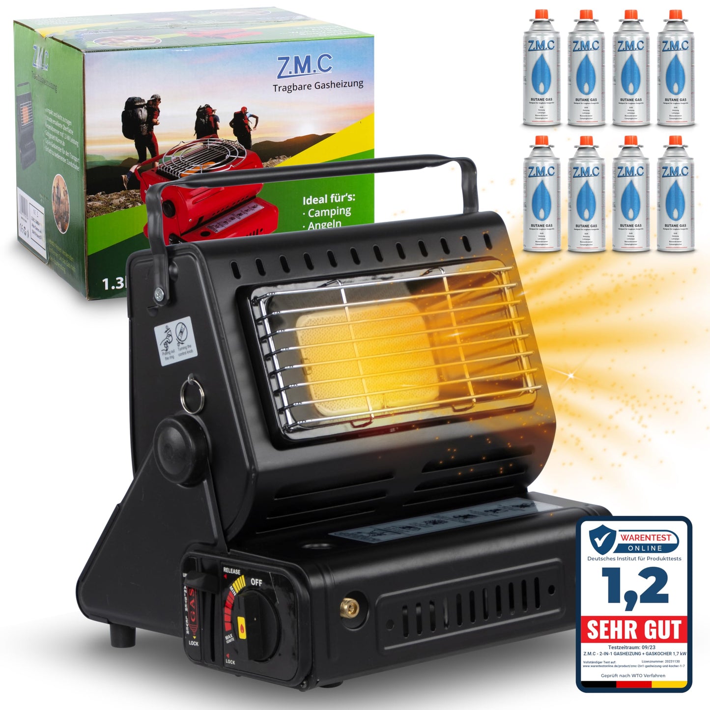 Z.M.C 2-in-1 Tragbare Keramik Gasheizung und Gaskocher 1,3 kW, mit LPG Anschluss + 4 Gaskartuschen, Campingkocher mit Piezozündung, Camping Heizung, Gasheizer für Indoor, Outdoor, Zelten Wohnwagen