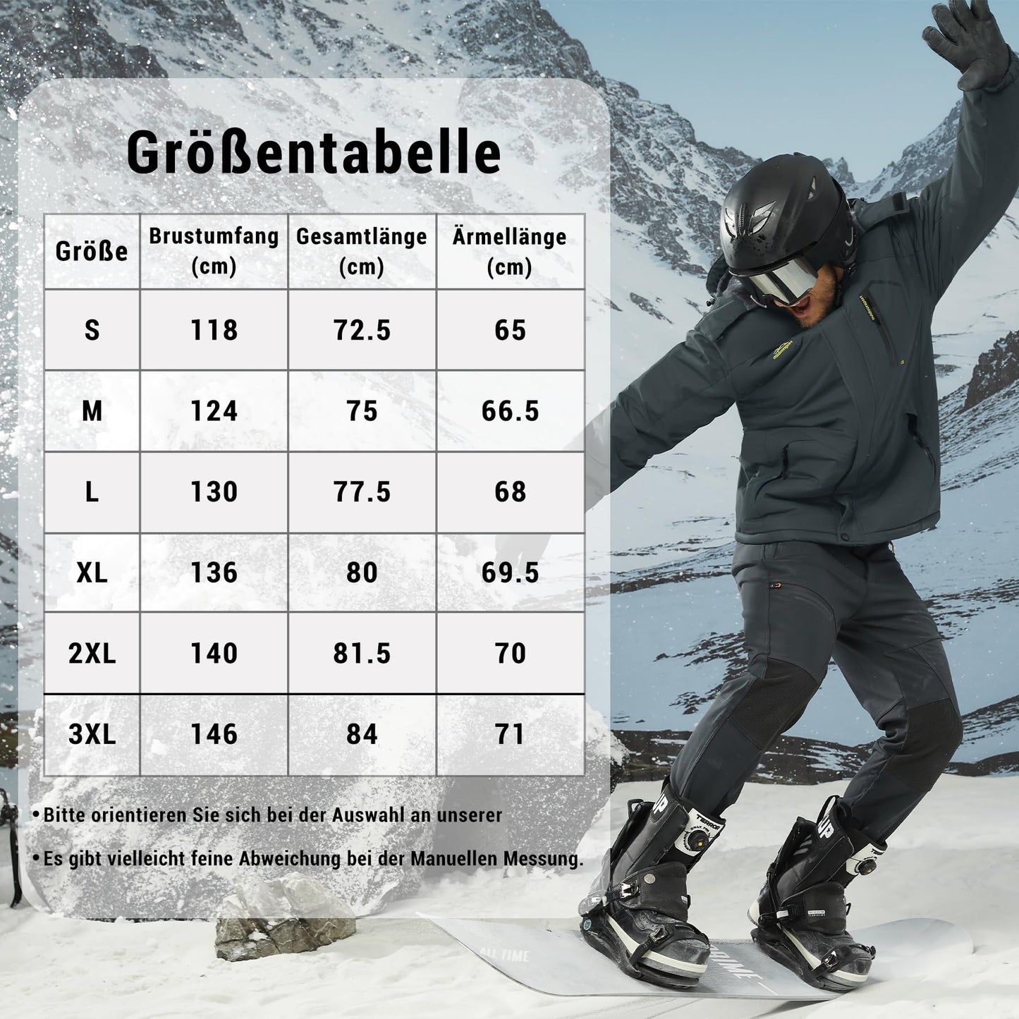 KEFITEVD Herren Skijacke Atmungsaktiv Warm Gefüttert Winterjacke mit Abnehmbarer Kapuze Snowboardjacke Wasserdicht Outdoorjacke