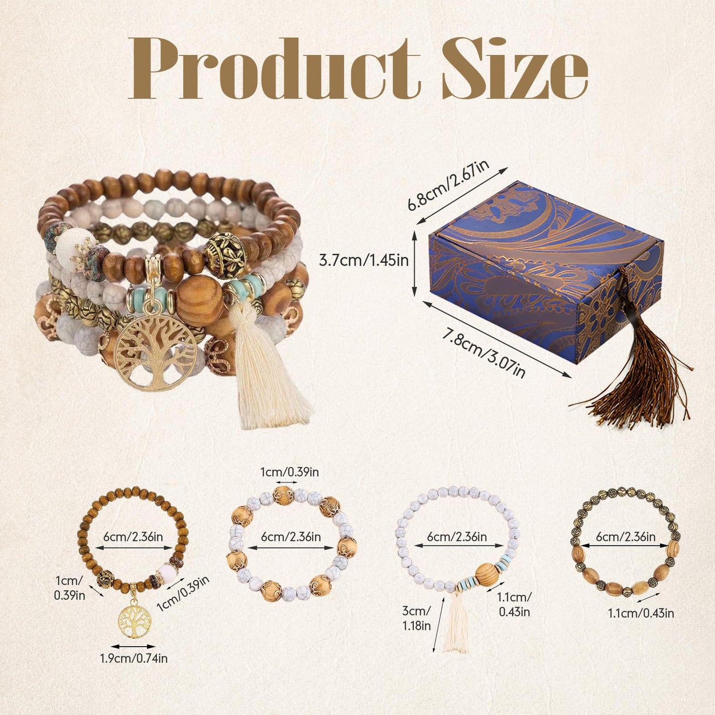 Sternstunde 4 Stück Boho Armbänder Damen, Chakra Armband für Frauen, Schmuck Boho Armreifen mit Holzperlen und Quaste, Chakra Armband, Lebensbaum-Charm, Liebe, Statement-Armreifen