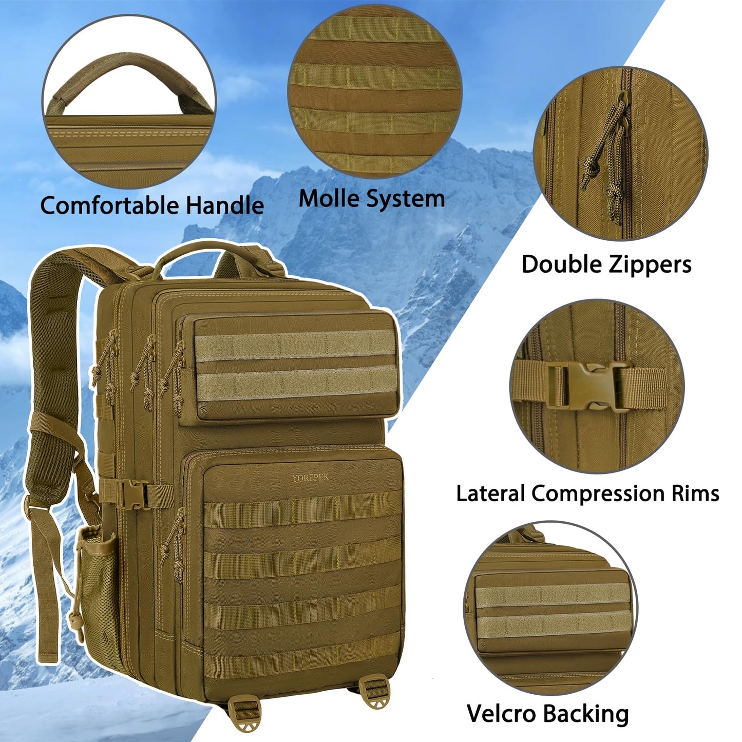 1.ELB Adventure YOREPEK Großer Militär Rucksack Herren, 40L Outdoor Armee Wasserdicht Taktischer Bundeswehr Rucksäcke Molle Assault Survival Tactical Travel Backpack für Camping Trekking Wandern Reise Arbeit, Schwarz