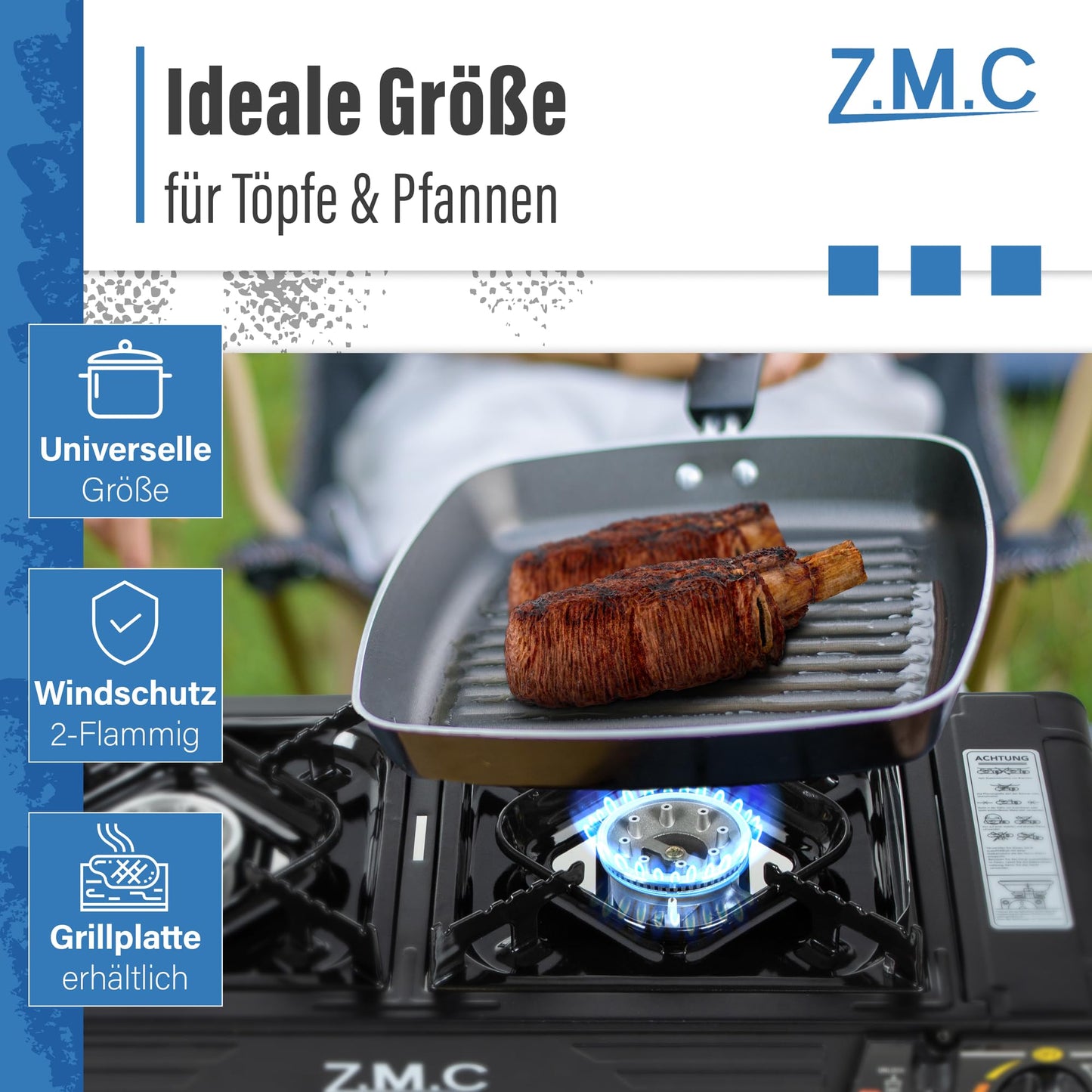Z.M.C PREMIUM Camping Gaskocher 2-flammig + Grillplatte 45x24 cm + 8 Gaskartuschen 227g, Campingkocher mit Zündsicherung für Outdoor und Innenraum, Balkon Doppelgaskocher mit Piezozündung