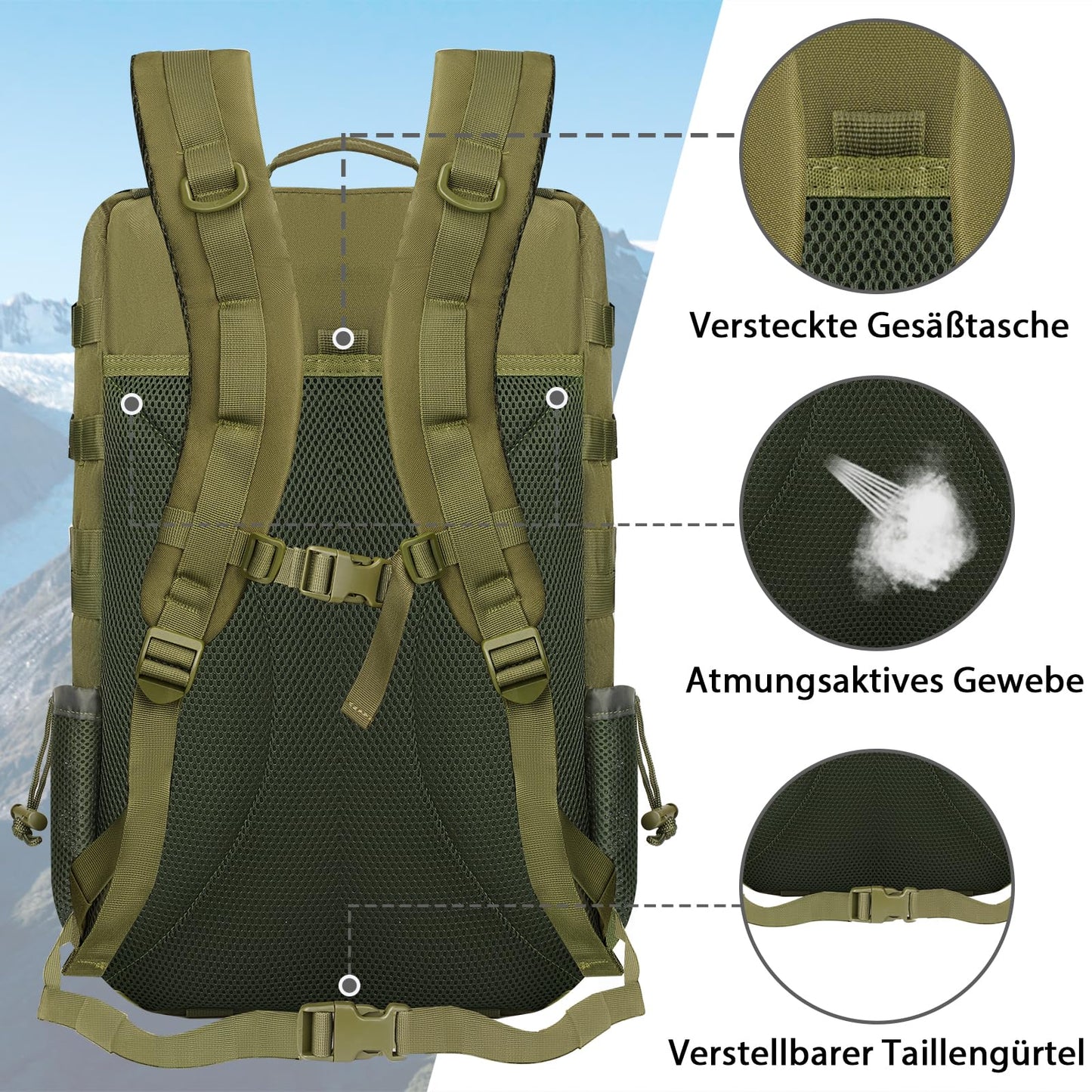 1.ELB Adventure YOREPEK Großer Militär Rucksack Herren, 40L Outdoor Armee Wasserdicht Taktischer Bundeswehr Rucksäcke Molle Assault Survival Tactical Travel Backpack für Camping Trekking Wandern Reise Arbeit, Schwarz