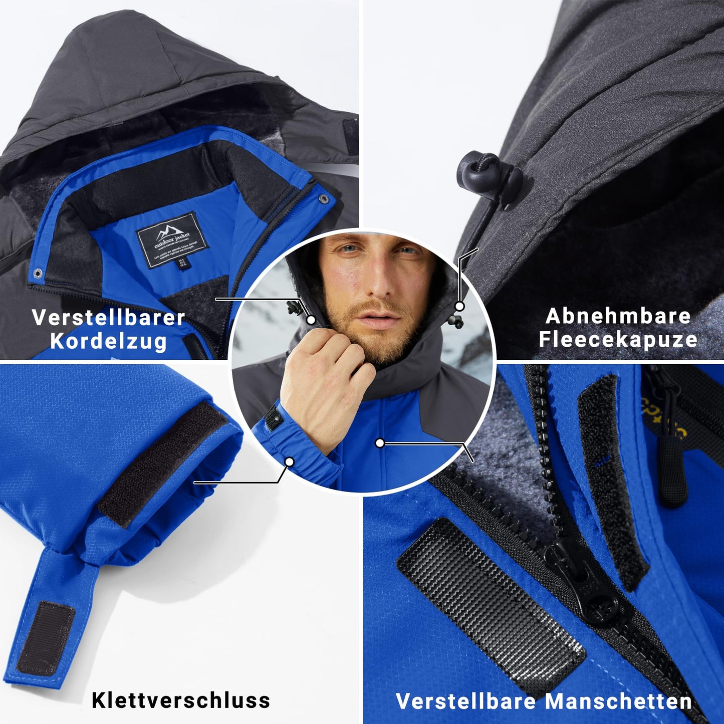KEFITEVD Herren Skijacke Atmungsaktiv Warm Gefüttert Winterjacke mit Abnehmbarer Kapuze Snowboardjacke Wasserdicht Outdoorjacke