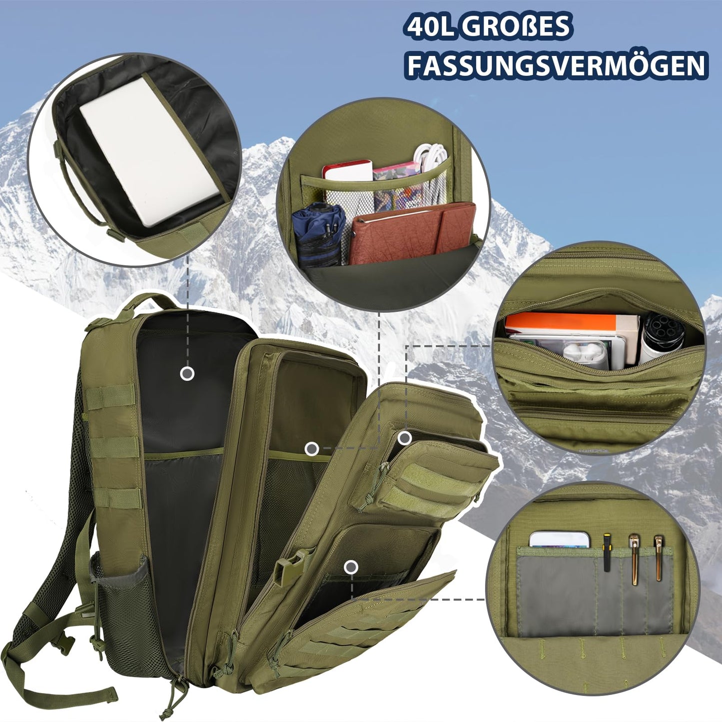 1.ELB Adventure YOREPEK Großer Militär Rucksack Herren, 40L Outdoor Armee Wasserdicht Taktischer Bundeswehr Rucksäcke Molle Assault Survival Tactical Travel Backpack für Camping Trekking Wandern Reise Arbeit, Schwarz