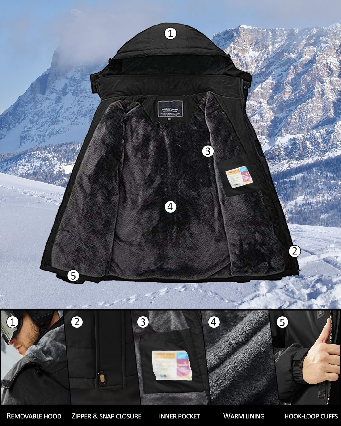 KEFITEVD Snowboardjacke Herren Warm Gefüttert Skijacke Wasserdicht Softshell Jacke mit Kapuze Fleece Winterjacke Atmungsaktiv Funktionsjacke