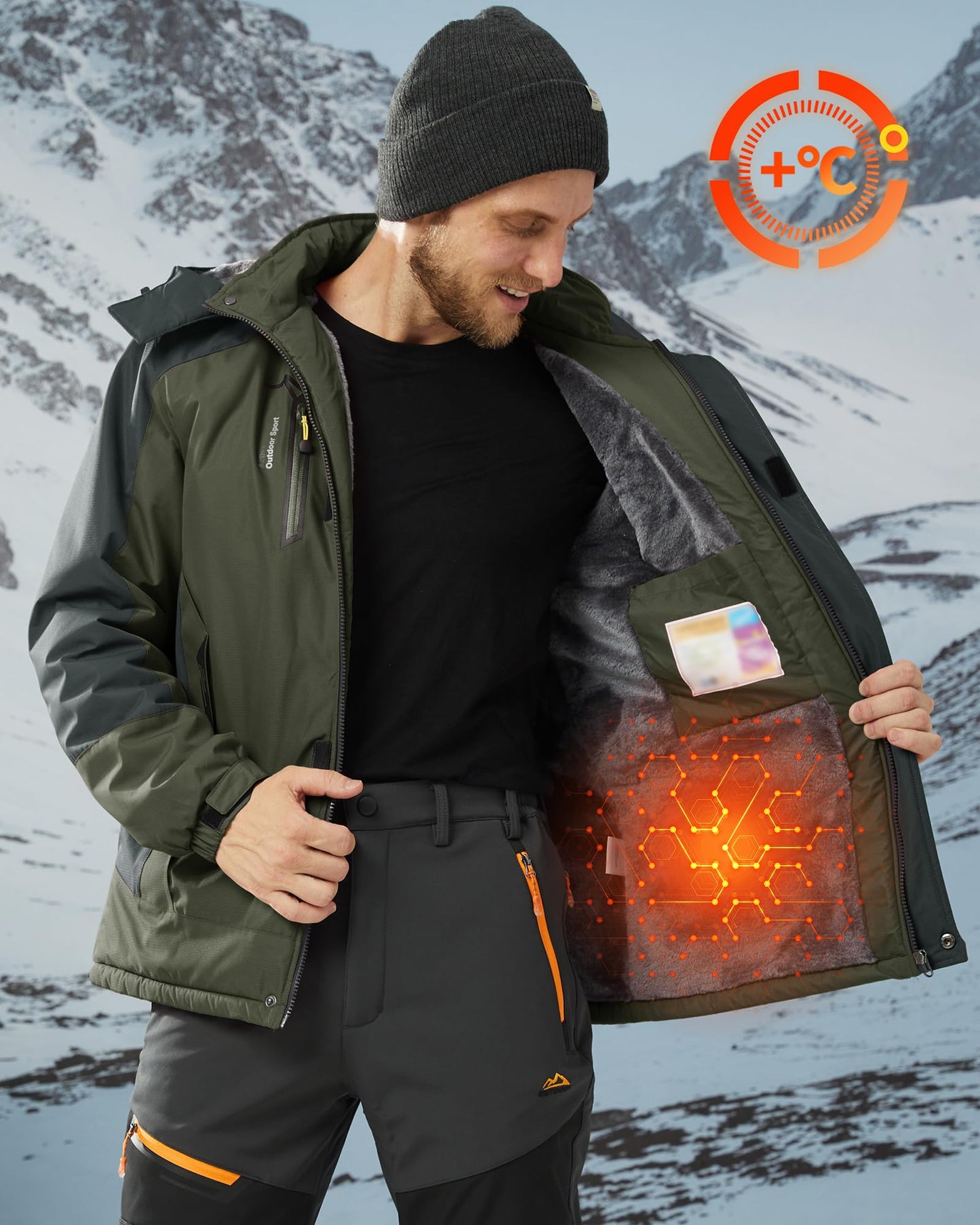 KEFITEVD Snowboardjacke Herren Warm Gefüttert Skijacke Wasserdicht Softshell Jacke mit Kapuze Fleece Winterjacke Atmungsaktiv Funktionsjacke