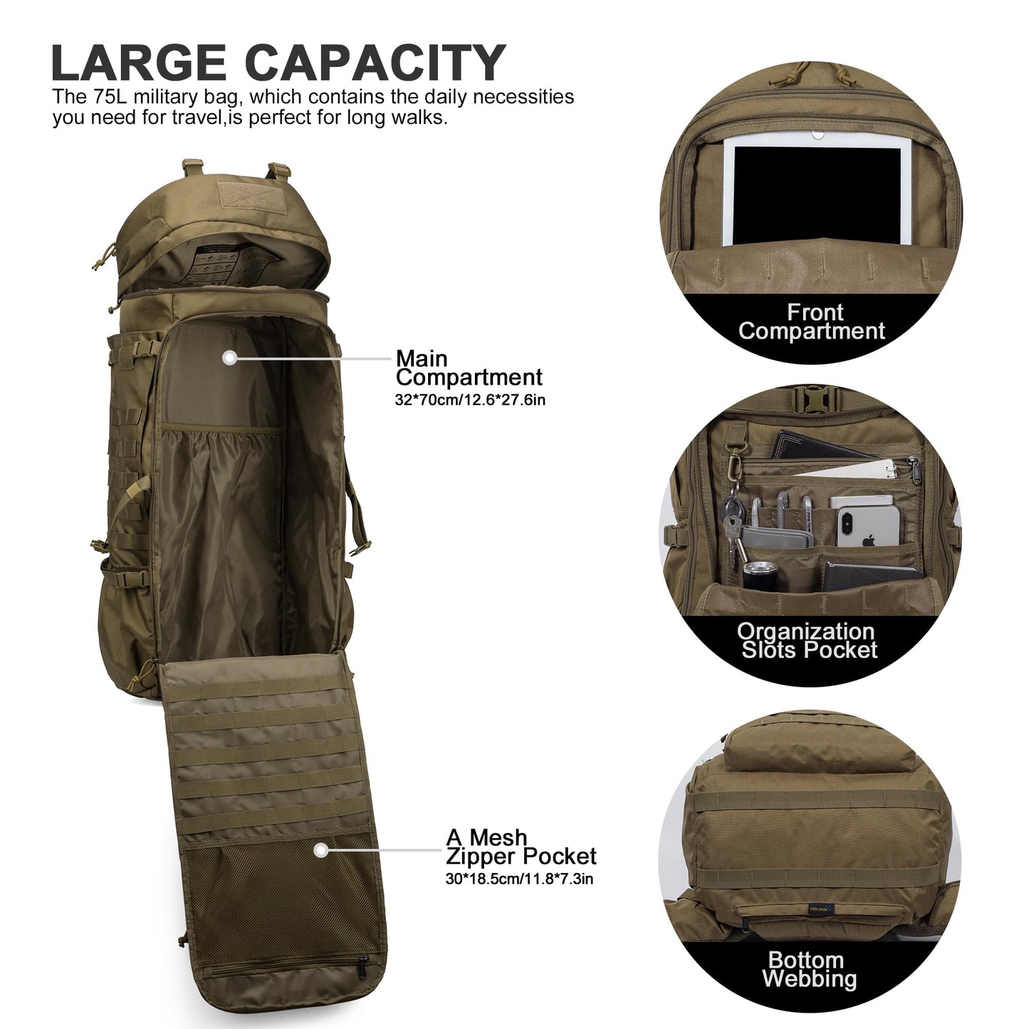 ELB Marder Mardingtop 75L Rucksack Taktischer Rucksack Wanderrucksack Trekkingrucksack YKK Zipper mit der großen Kapazität