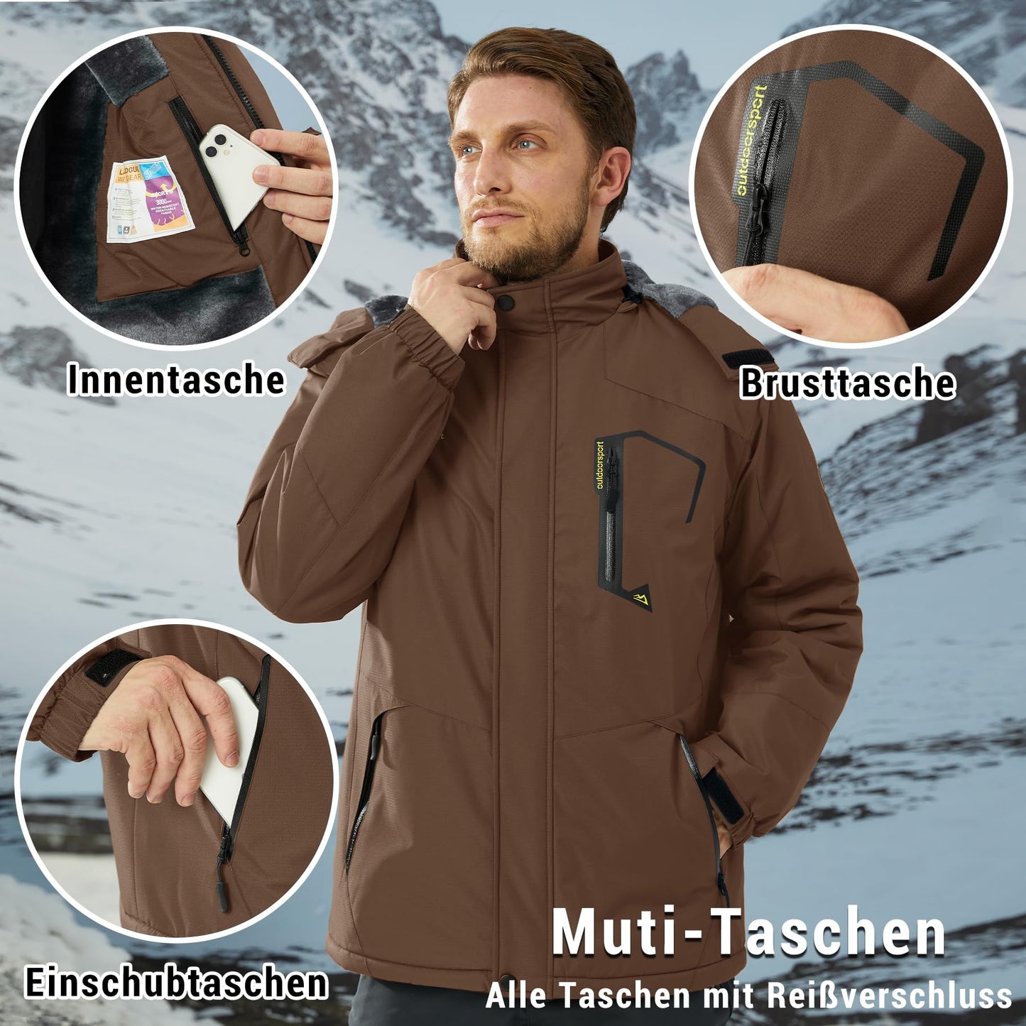 KEFITEVD Herren Skijacke Atmungsaktiv Warm Gefüttert Winterjacke mit Abnehmbarer Kapuze Snowboardjacke Wasserdicht Outdoorjacke