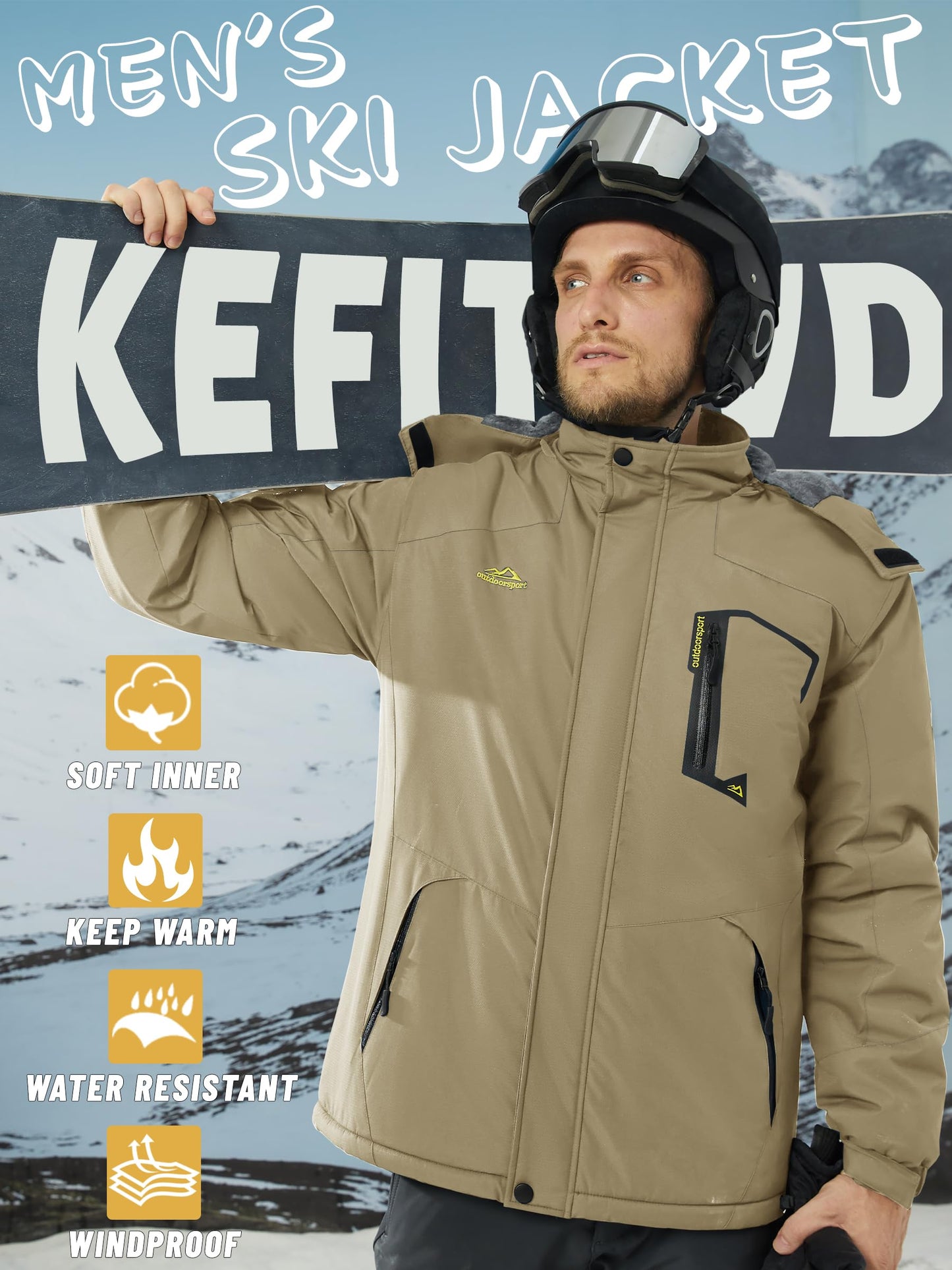 KEFITEVD Herren Skijacke Atmungsaktiv Warm Gefüttert Winterjacke mit Abnehmbarer Kapuze Snowboardjacke Wasserdicht Outdoorjacke